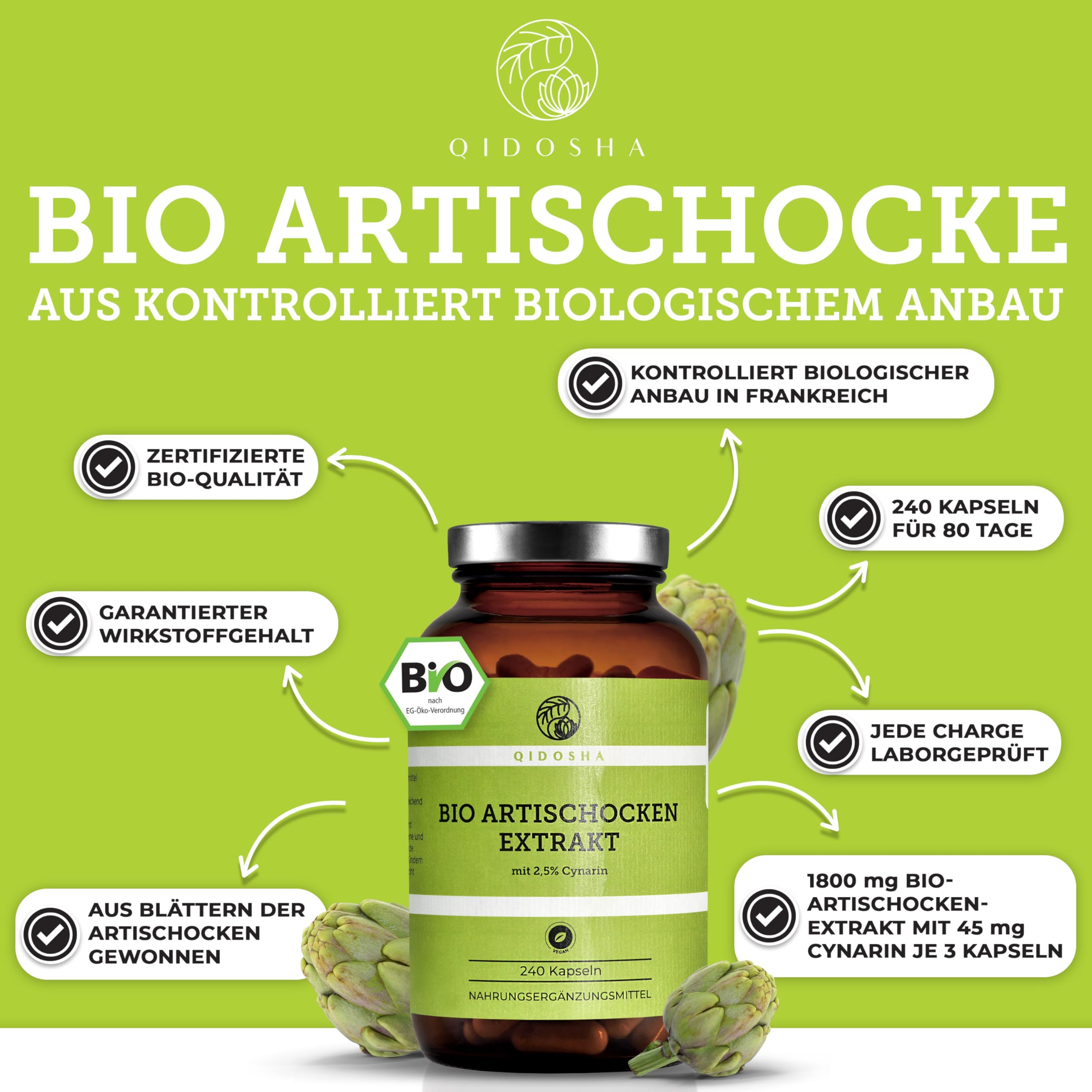 QIDOSHA® Bio Artischocken-Extrakt aus Frankreich, 240 Kapseln im Apothekerglas, 1800mg je Tagesportion, 600mg je Kapsel, mit 2,5% Cynarin, deutsche Fertigung, jede Charge laborgeprüft