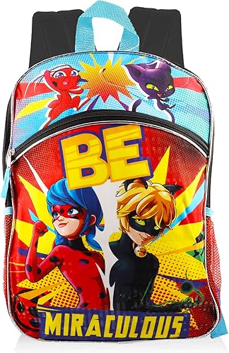 Vista 2 de Miraculous Ladybug - Mochila milagrosa de mariquita de 16 pulgadas para niñas y niños con pegatinas de superhéroe, sellos de superhéroe y más