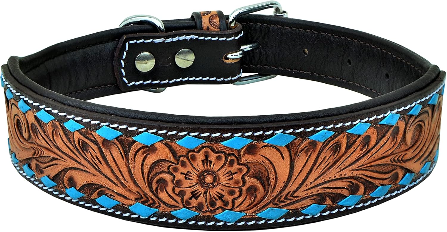 Affilare Leather Dog Collar Western Style Heavy Duty Hand Tooled Adjustable Padded Soft for Puppies and Big Dogs 10AB103-L