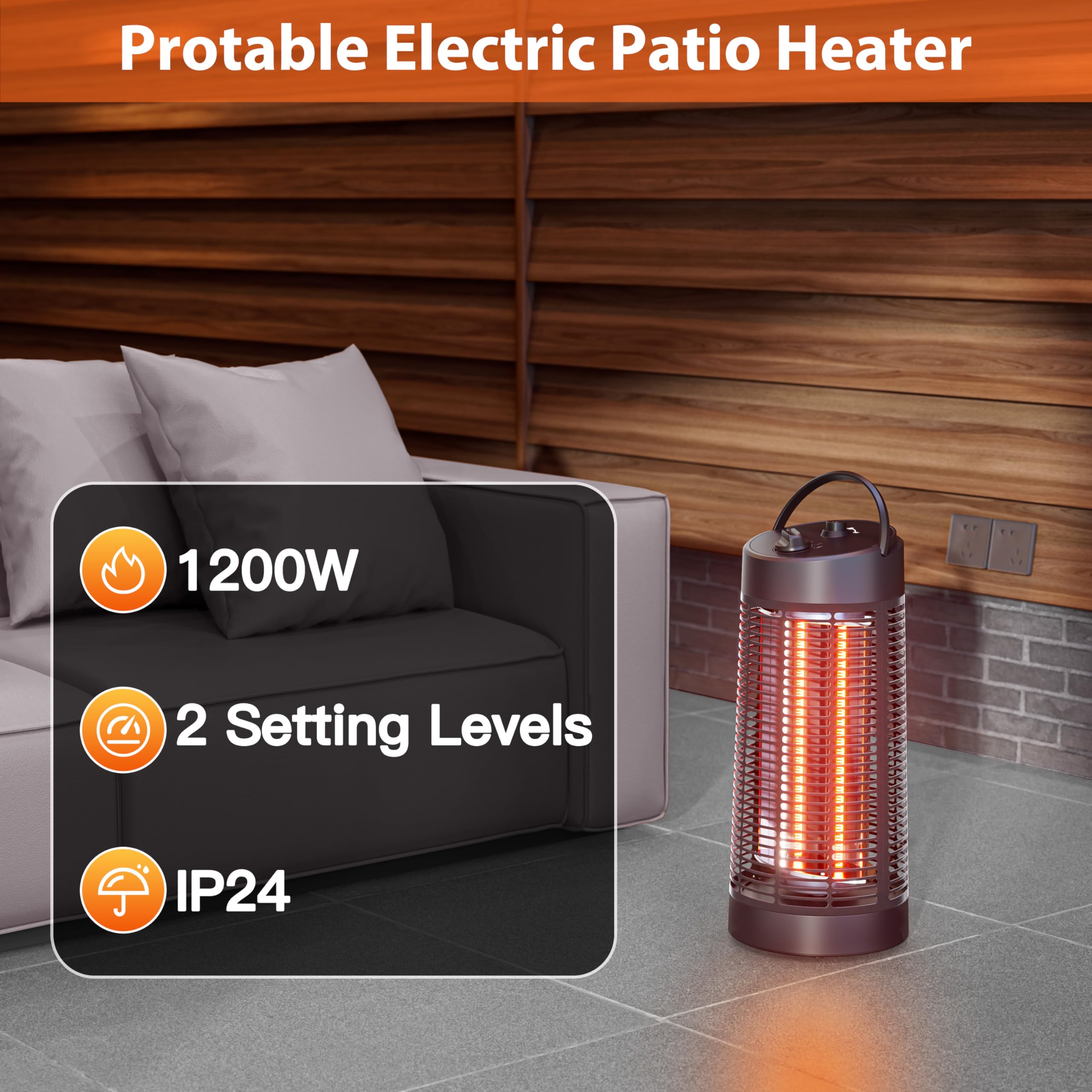 Zewnętrzny elektryczny podgrzewacz do patio, przenośny promiennik podczerwieni z regulacją 600 W/1200 W, ochrona Tip-Over Protection, 1s ogrzewanie z włókna węglowego do podwórka, garażu, czarny
