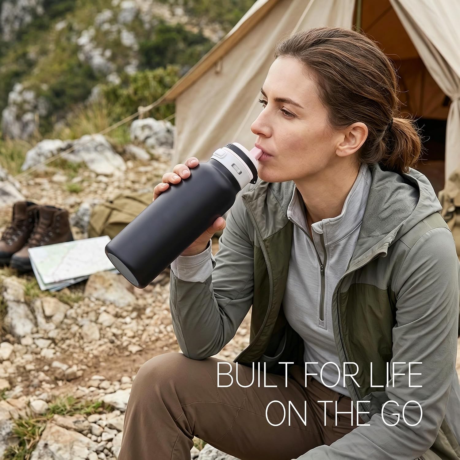 Fijinhom 24 oz Insulated Water Bottle, 2-in-1 Stainless Steel with Straw and Spout, Leak Proof,Fits in Car Cup Holder, 304 Stainless Steel with Wide Mouth, Great for Sports, Travel, Work (Black)