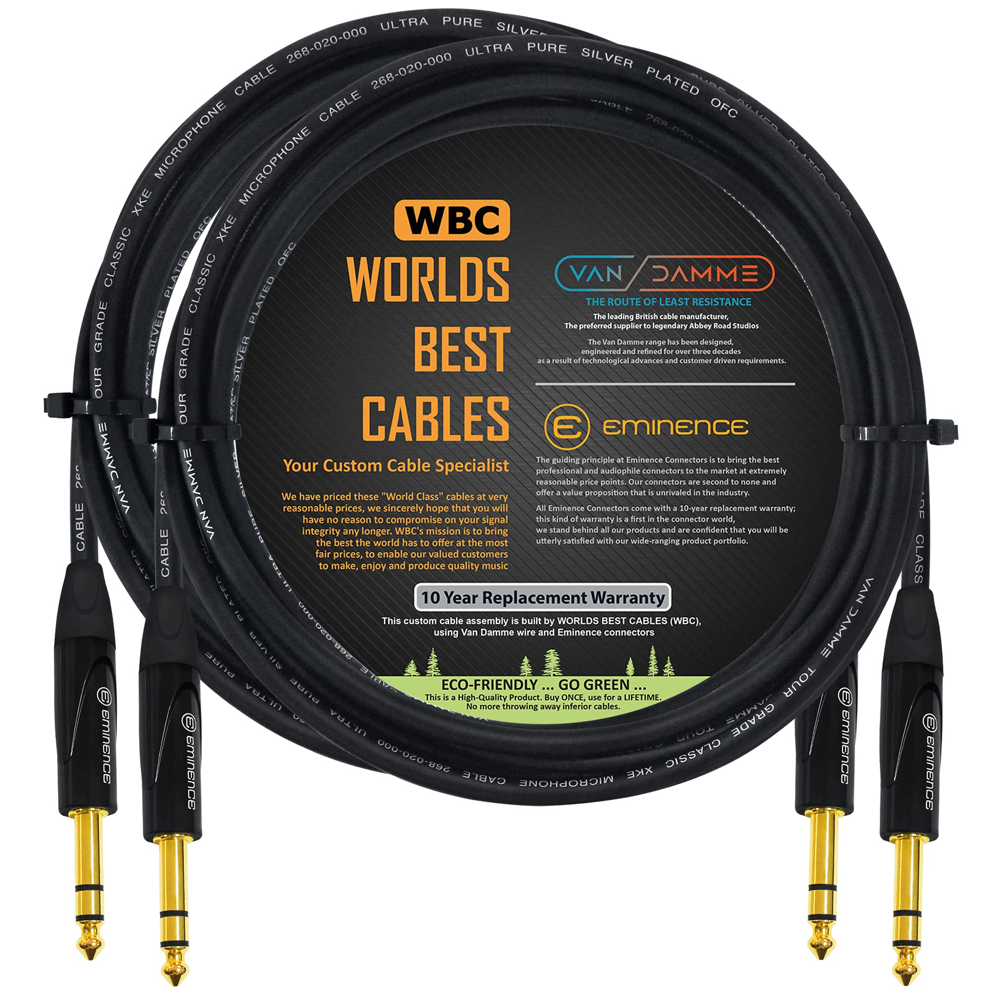 2 unidades - 3 metros - Micrófono Van Damme Tour Grade Classic XKE - Cable de conexión TRS equilibrado OFC chapado en plata premium con conectores estéreo Eminence E502 6,35 mm oro TRS