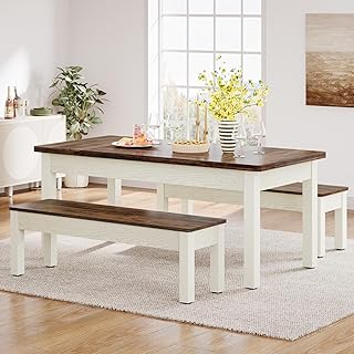 Tribesigns Farmhouse Dining Table Set for 4-6, 55-Inch Wooden Kithcen Table with 2 Benches, Space Saving 3 Pieces Heavy Duty Dinette for Dining Room, Kitchen, Small Space