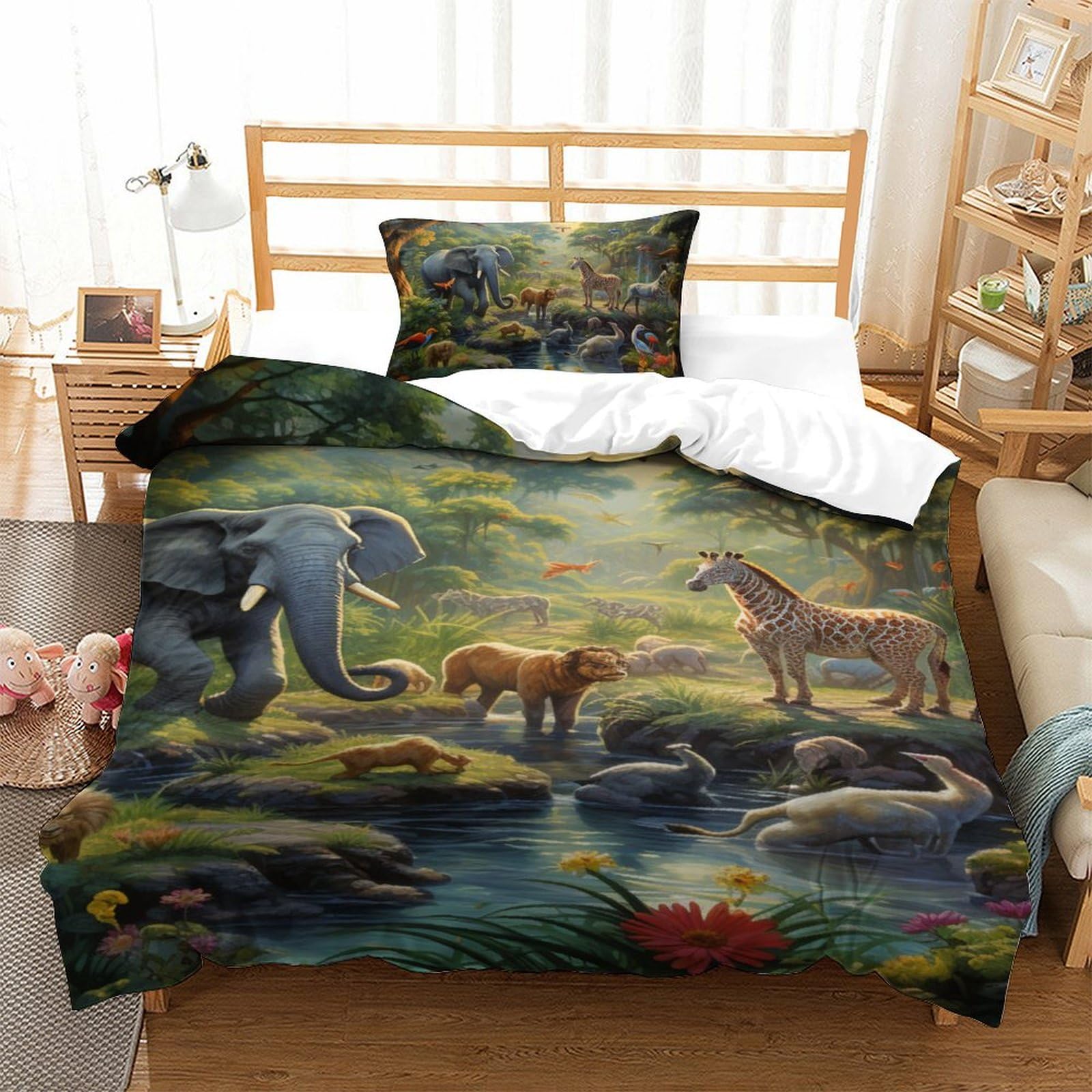Housse de couette de lit animaux de la jungle 135x200 pour enfant avec fermeture