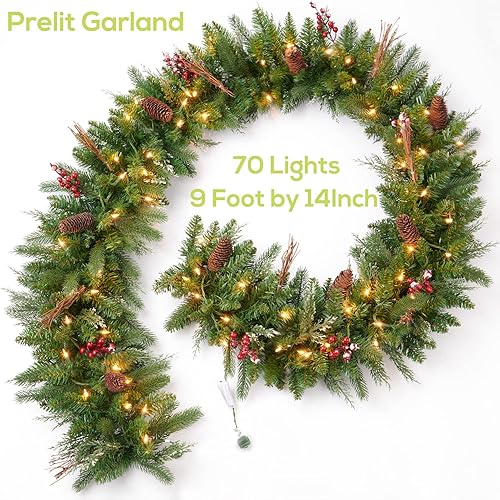 Miniatura 3 de AMERZEST Guirnalda de Navidad preiluminada de 9 pies, 50 luces, enchufable, decoración de vacaciones, chimenea, escaleras, puerta de manto para