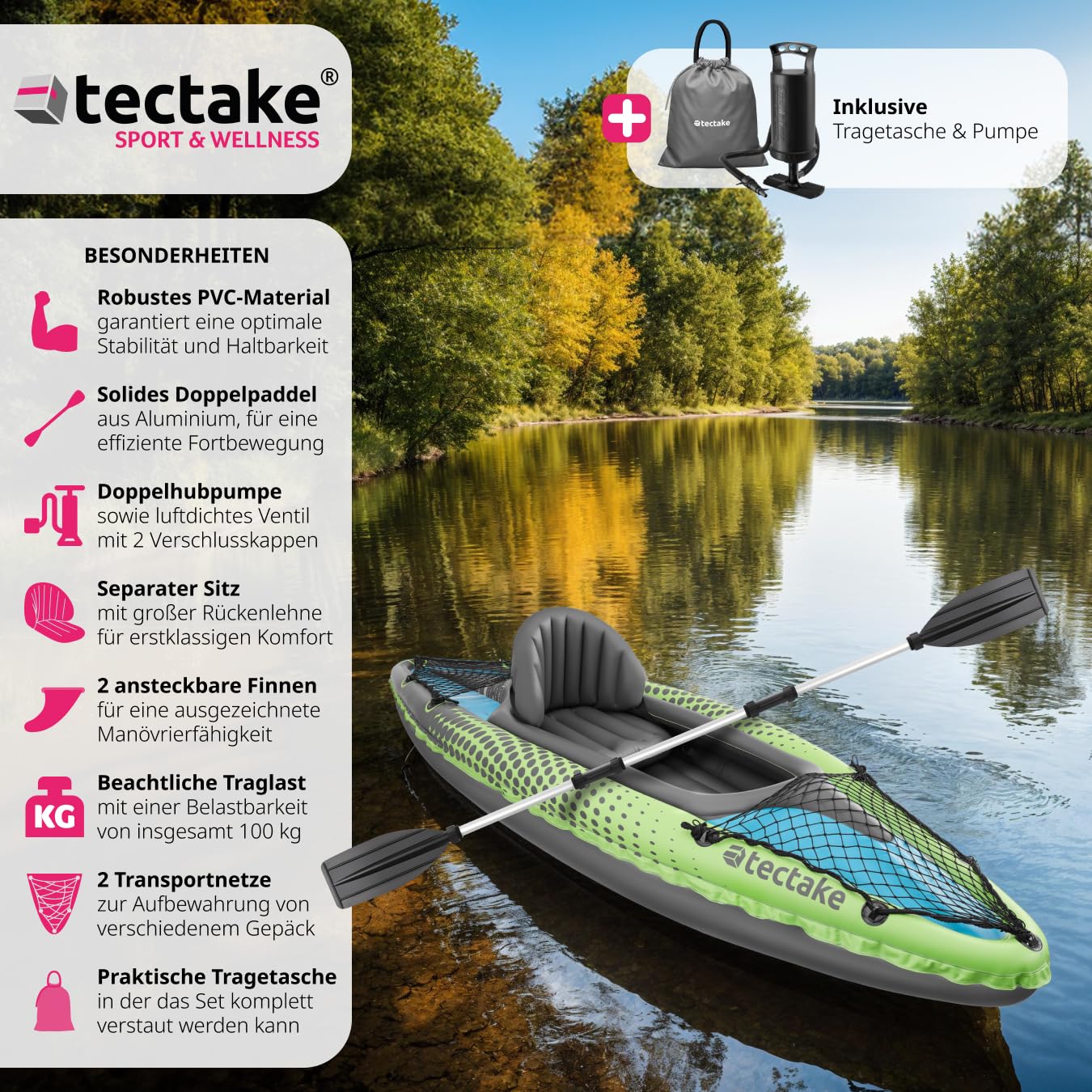 tectake® Kajak Boot aufblasbar, aufblasbares Kanu Paddelboot für 1 Person mit Doppelpaddel und Zubehör Sitz, Pumpe, Transporttasche, für Wassersport, Freizeit, als Angelboot, Ruderboot