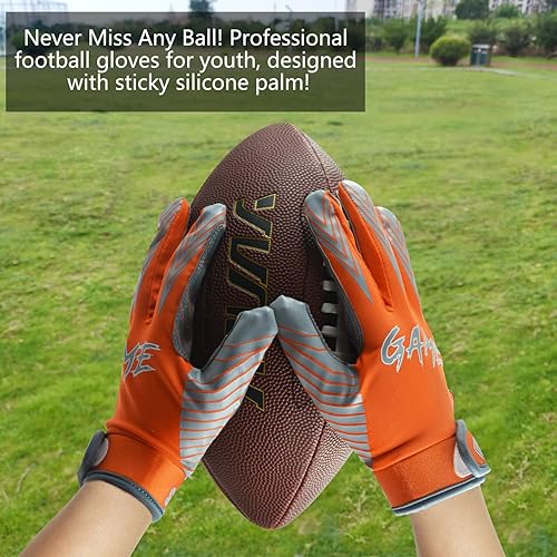 Miniatura 5 de Guantes de fútbol juvenil, guantes de fútbol naranja para jóvenes, niños y niñas de 5 a 12 años, guantes adhesivos para recibir