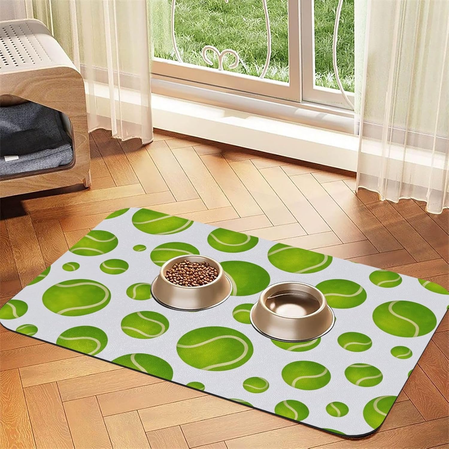 Tennis Ball Dog Food Mat, Leather Pet Feeding Mat, Cat Mat for Food, Absorbent Pet Placemat for Indoor Outdoor Water Bowl 40x60cm