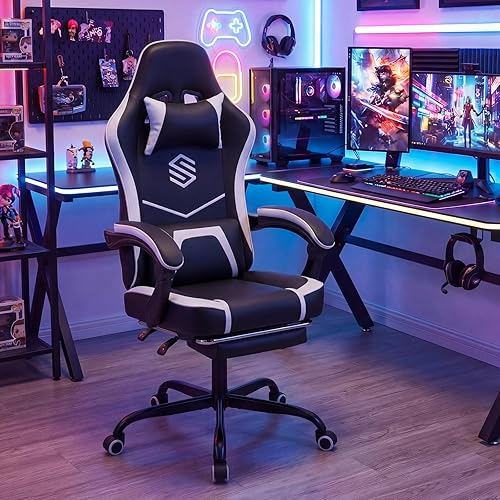 Miniatura 2 de Giantex Silla para videojuegos, silla de escritorio de computadora de altura ajustable con reposacabezas, soporte lumbar, reposabrazos de