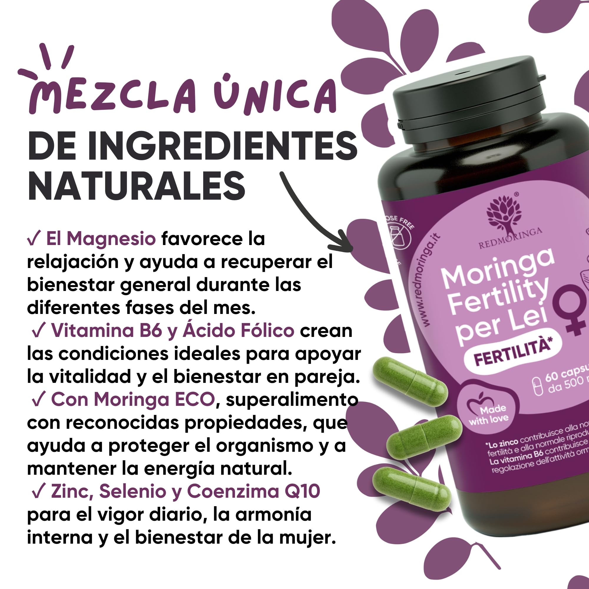 Suplemento Fertilidad Mujer – Moringa, Zinc, Vitaminas B6 y B12, Ácido Fólico | Preconcepción, Apoyo Hormonal y Reproducción Saludable | 180 Cápsulas – RedMoringa