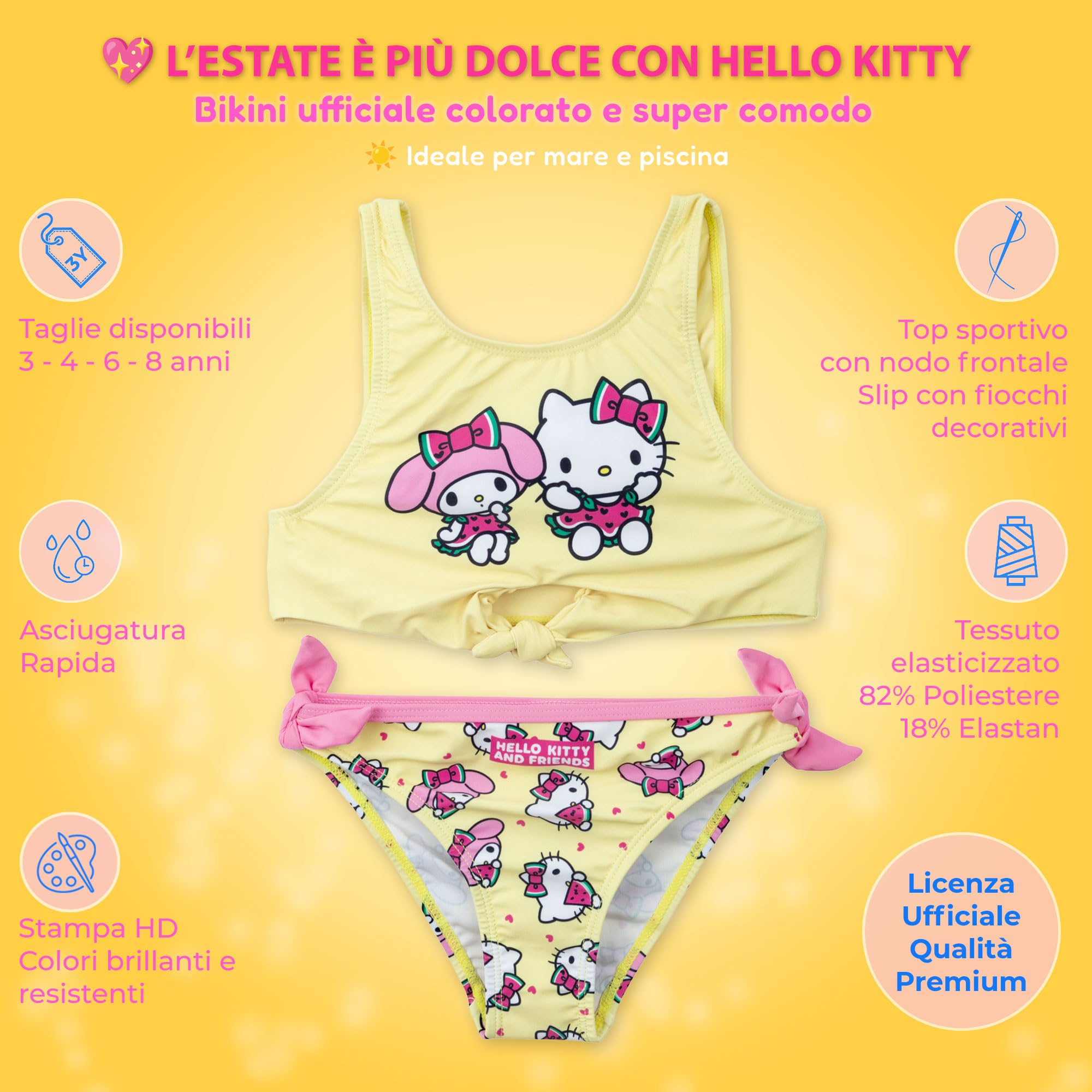 Hello Kitty Friends Bikini Niña 2 Piezas Disfraz Mar Piscina 82% Poliéster 18% Elastano Impresión Oficial Tallas 3-8 Años Rosa y Amarillo