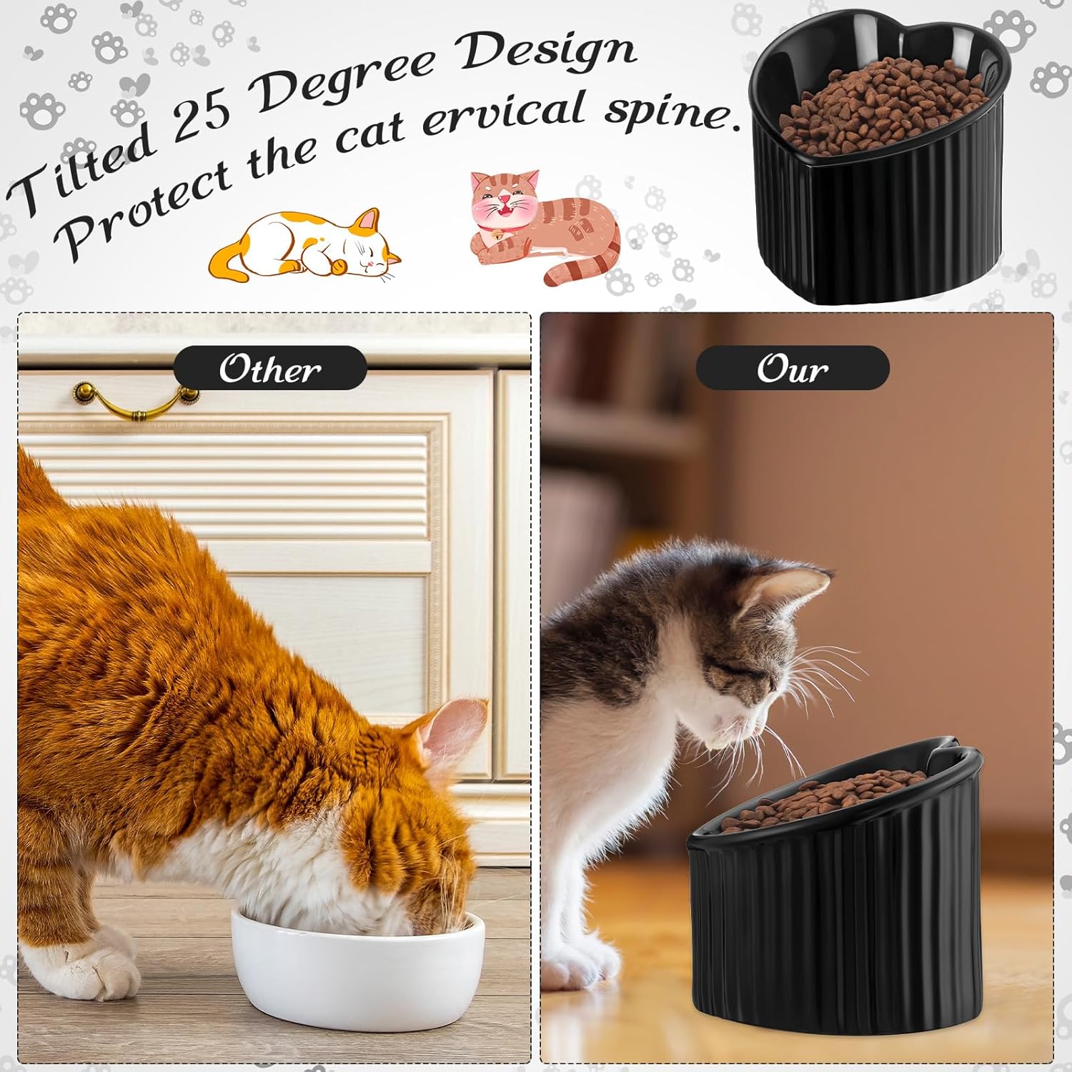 Mumufy 2 Pcs Ceramic Elevated Cat Bowls Tilted Elevated Raised Pet Bowls Anti Vomit Cat Dish for Indoor Stress Free Water Dish Feeder for Puppies, Heart Shaped(Pearly White, Black)