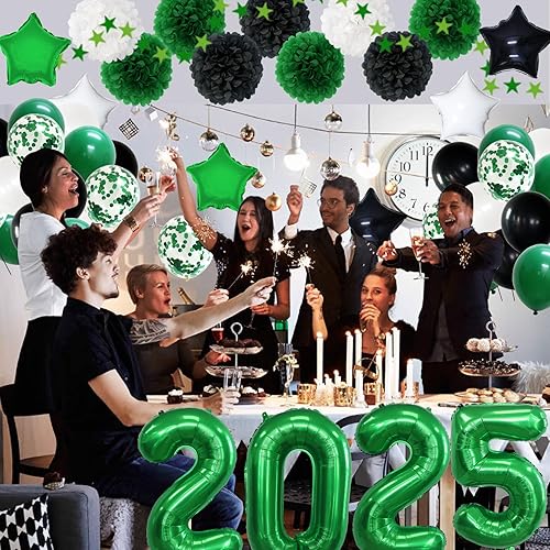 Miniatura 4 de Decoraciones de fiesta de graduación 2025 verde y negro, suministros de fiesta de Nochevieja, pompones de flores verdes y negras, globos de látex
