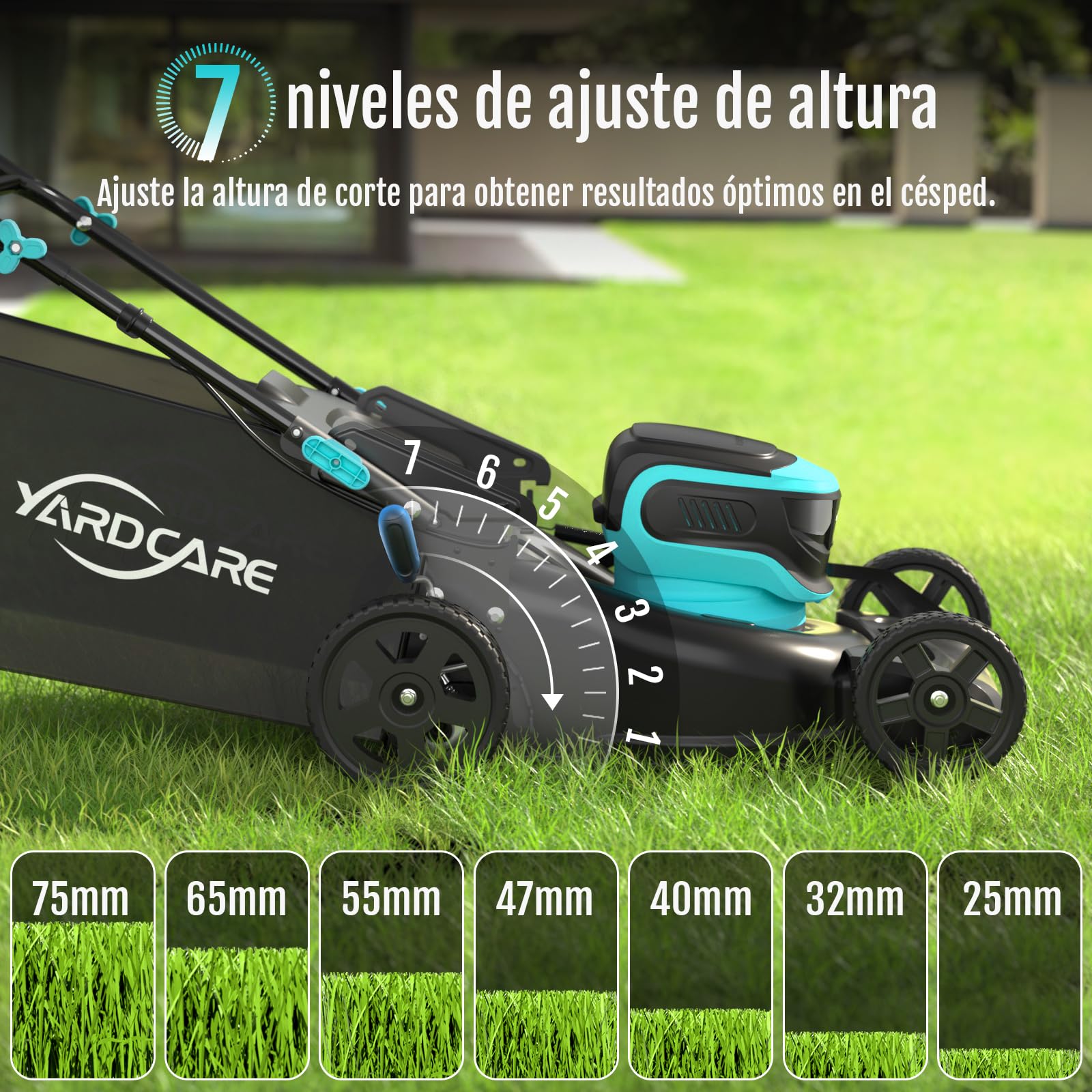 YARDCARE Cortacesped Electrico(Hasta 675㎡, 36V, Ancho de Corte 41cm)Cortacesped Bateria con Ajuste de Altura de 7Etapas, Kit de Mulching&Bolsa de Paja de 45L, Mango Ajustable, Pantalla LED, Cargadores