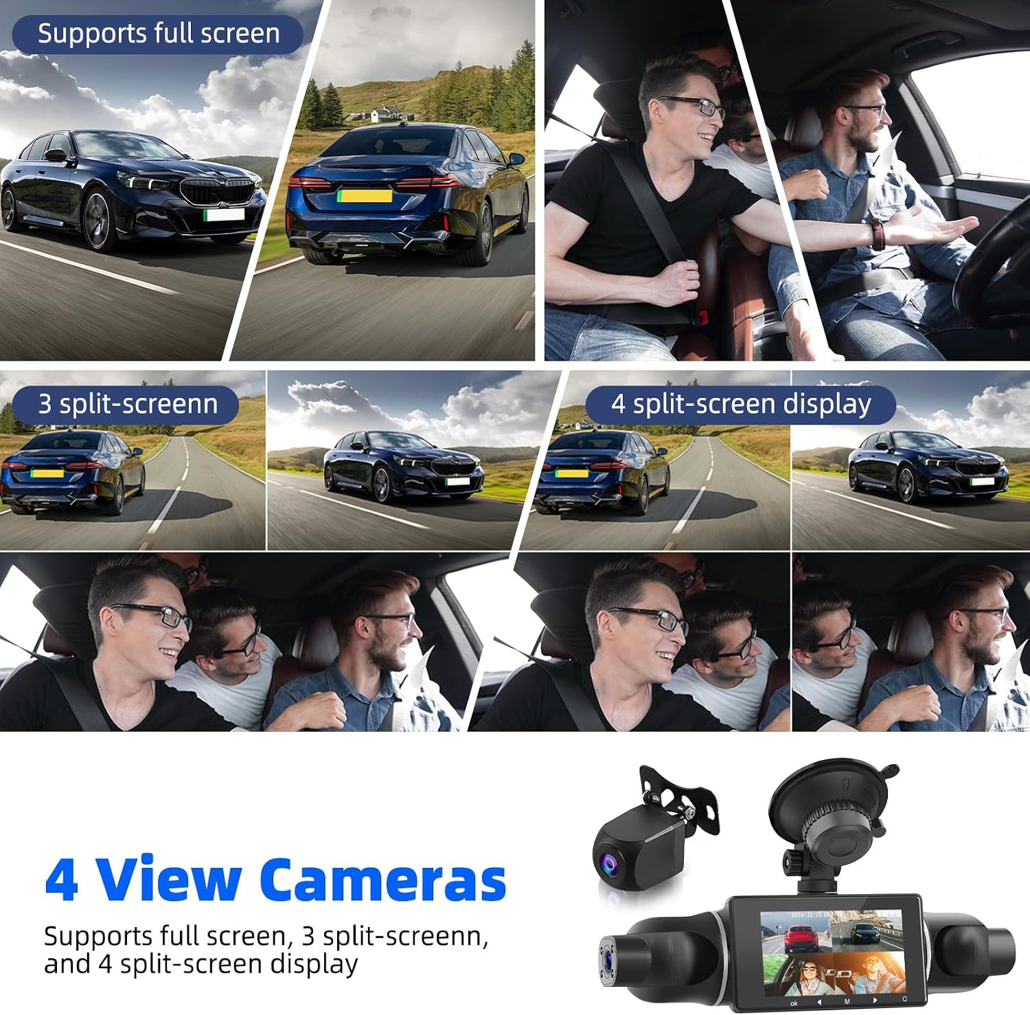 Dash cam showing 4-view split screen display