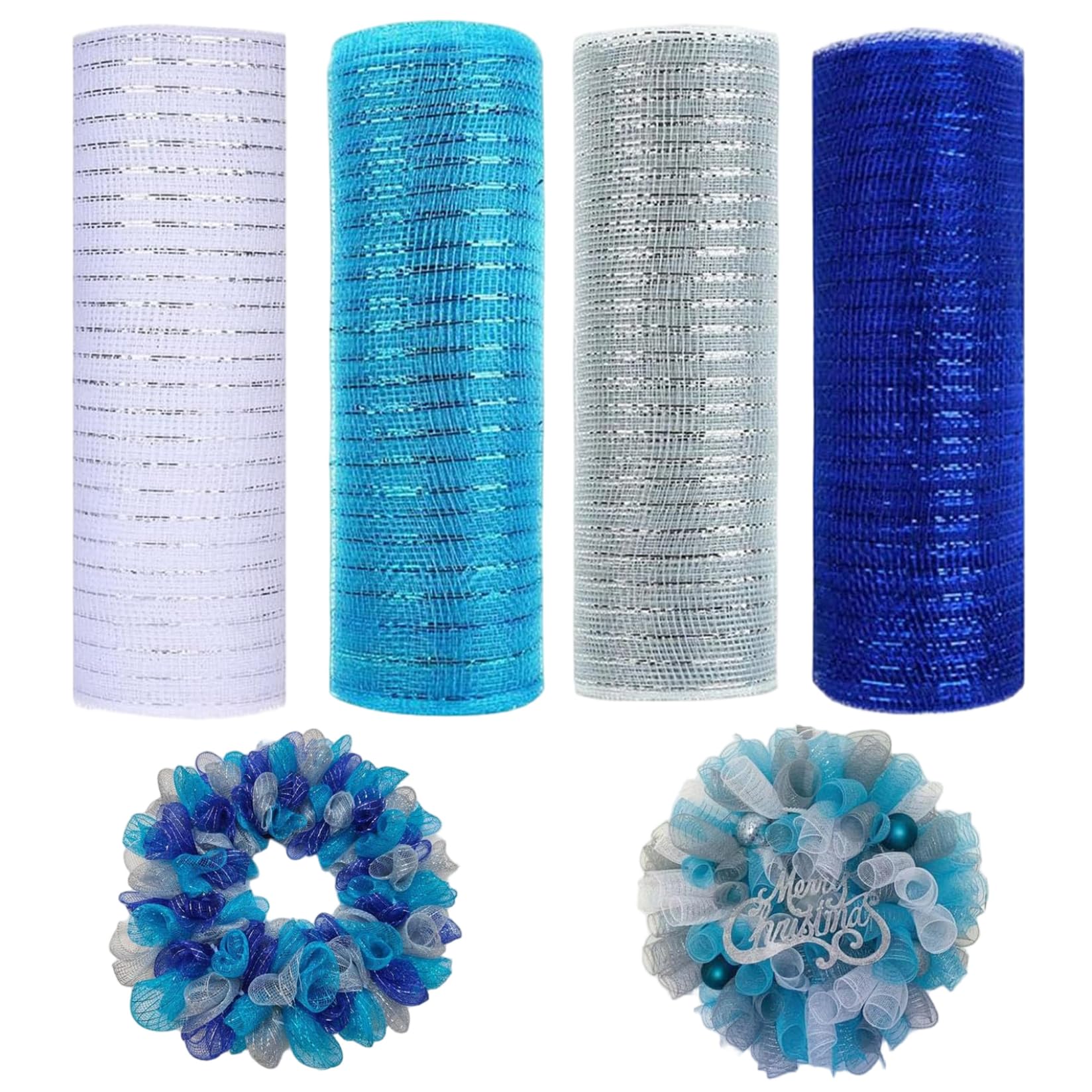 Riouwal 4Pcs Deco Mesh 10 Inch Rolls 10 Yards Deco Mesh Lake Blue Sapphire Blue White Silver Christmas Ribbon for Wedding Home Party