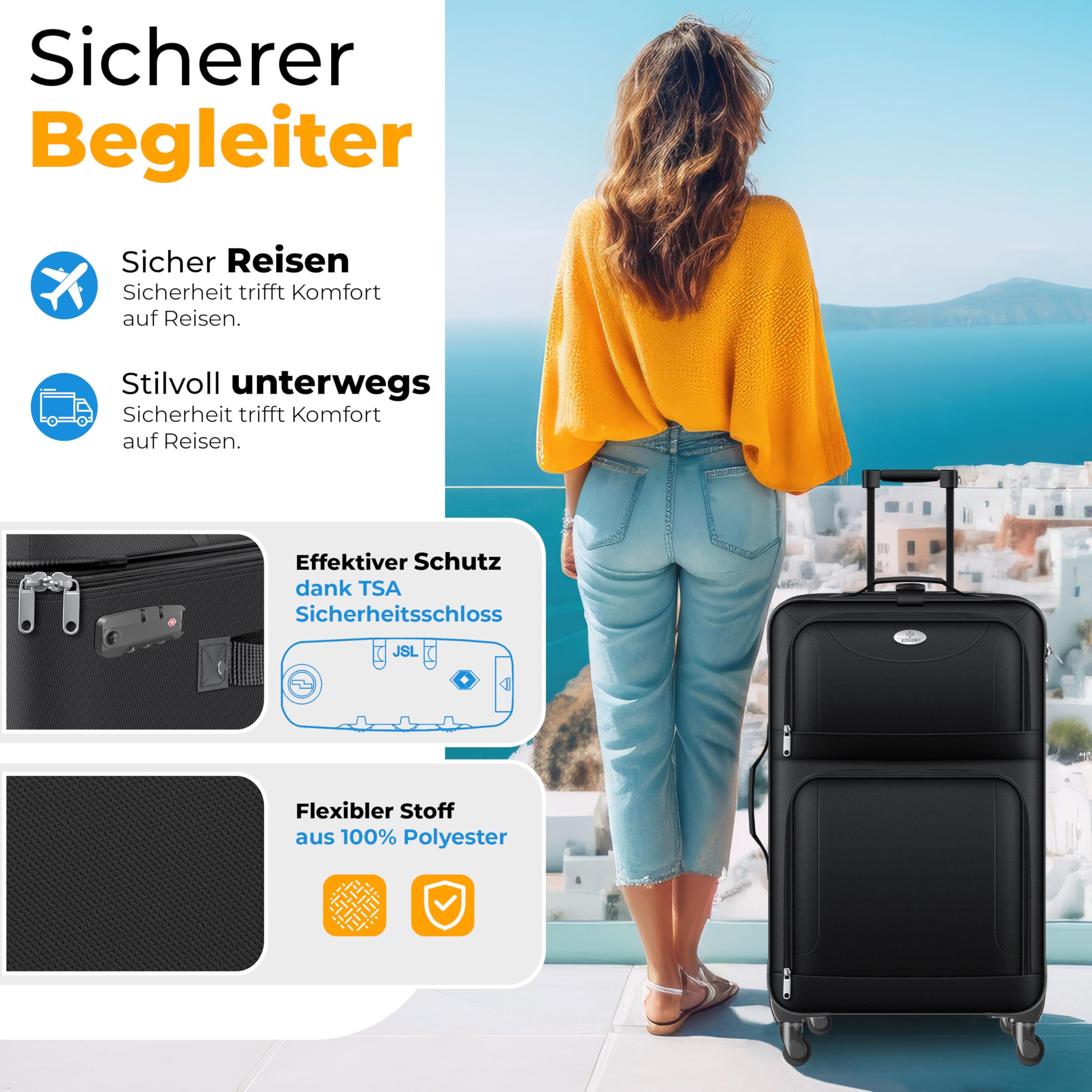 KESSER Set di valigie da viaggio da 4 pezzi | Valigia in tessuto con 3 cifre TSA, ruote a 360° e manico telescopico | Beauty case portatile bagaglio leggero e grande valigia per affari e viaggi, Nero