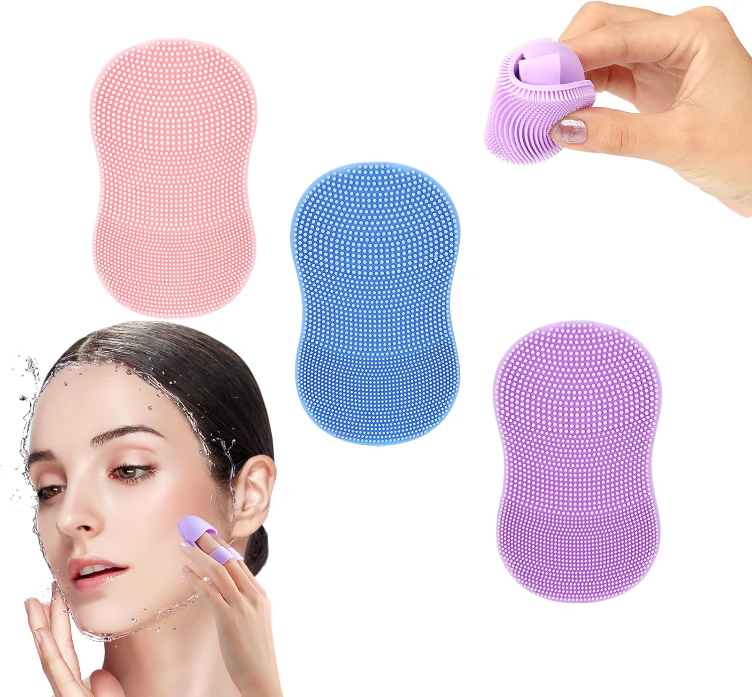 3 stuks siliconen gezichtswasmachine, handmatige gezichtsreiniger, gezichtswasborstel, massageborstel voor peeling en mee-eters en acne, dieptereiniging huidverzorging (blauw + roze + paars)