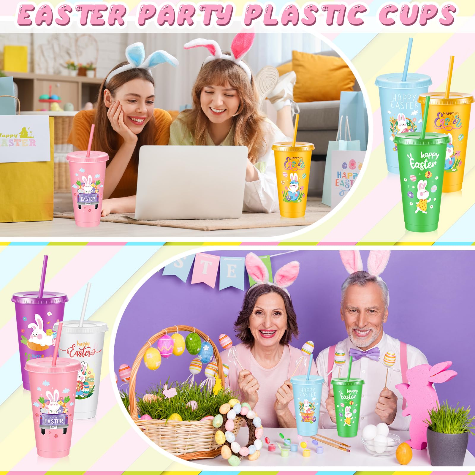 Uiifan Lot de 24 gobelets réutilisables en plastique avec couvercle et paille pour fête de Pâques – Gobelets réutilisables pour décoration de fête de Pâques (classique)