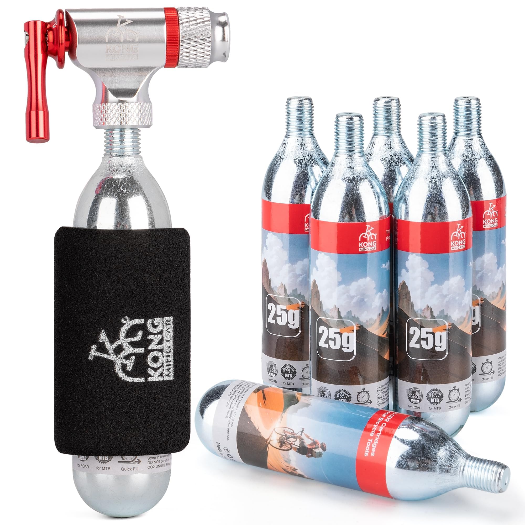 Kit de Gonfleur CO2 Vélo avec 6 Cartouches Filetées 16g/25g Compatible Presta Schrader