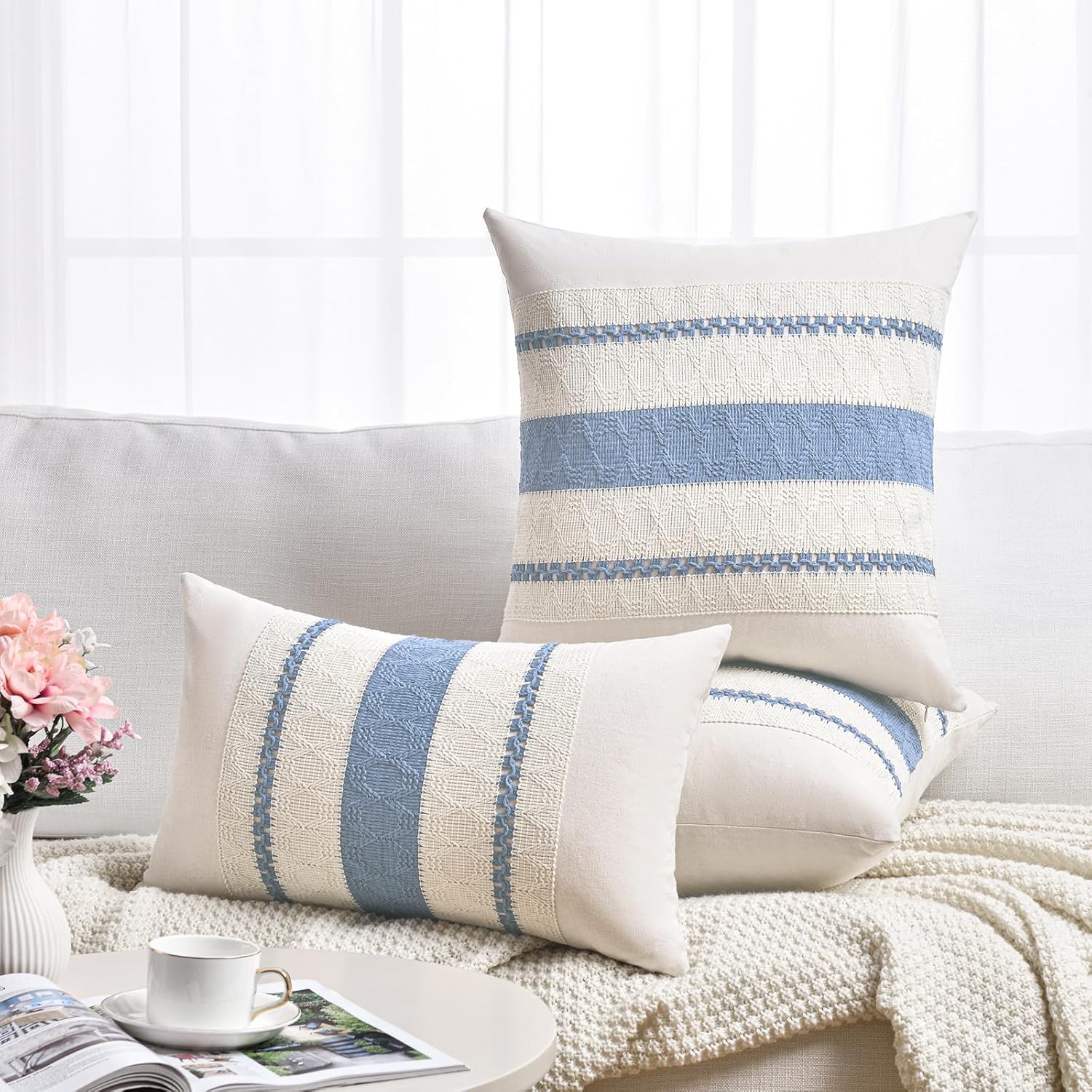 Fancy Homi Set of 2 Boho Light Blue Decorative Throw Pillow Cover 18x18 Inch for Couch Bed Sofa, Aesthetic Modern Organic Farmhouse Home Decor, Soft Cotton Cute Accent Macrame Woven Cushion Case - Image 6