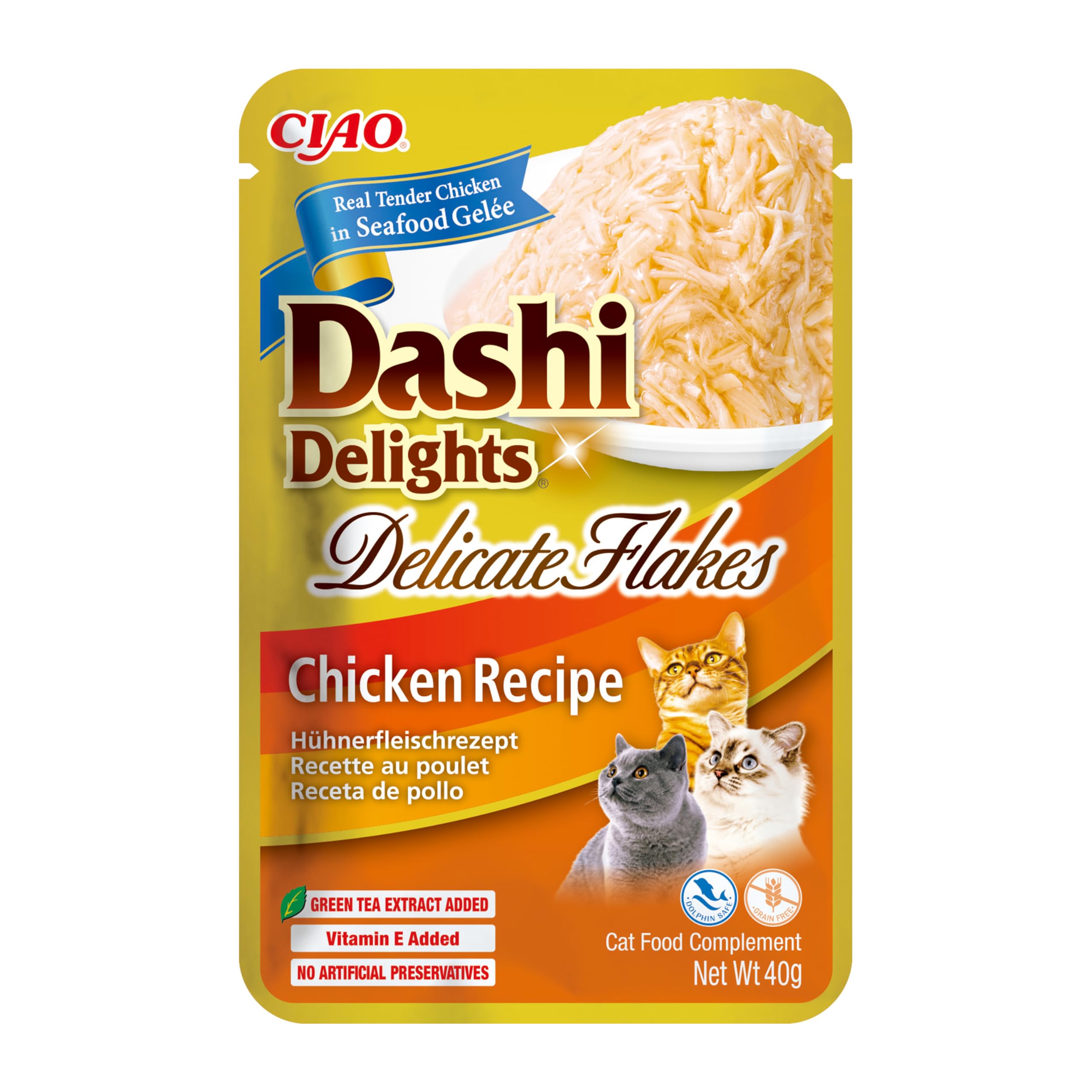 INABA Dashi Delights Delicate Flakes, Wet Food for Cats with Chicken, Flakes in Fish Broth, Rich in Protein, Natural Ingredients, Complementary Meal, 1 Pack of 40g