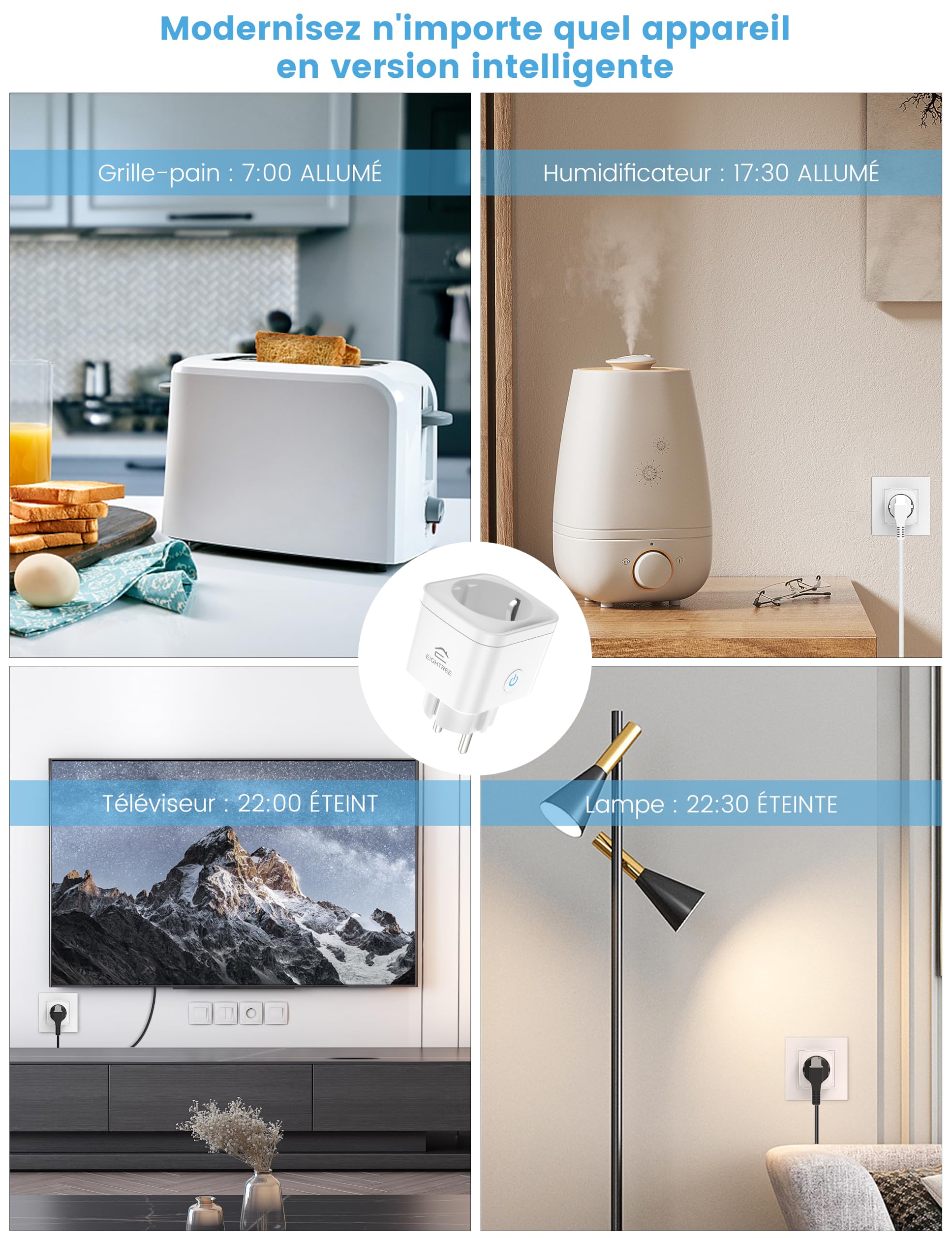 EIGHTREE Prise Connectée WiFi 2.4G/5GHz, Prise Intelligente Programmable, Compatible avec Alexa/Google Home, Suivi de Consommation, Contrôle Appli/Voix, 16A 3680W, Type F, 4PCs