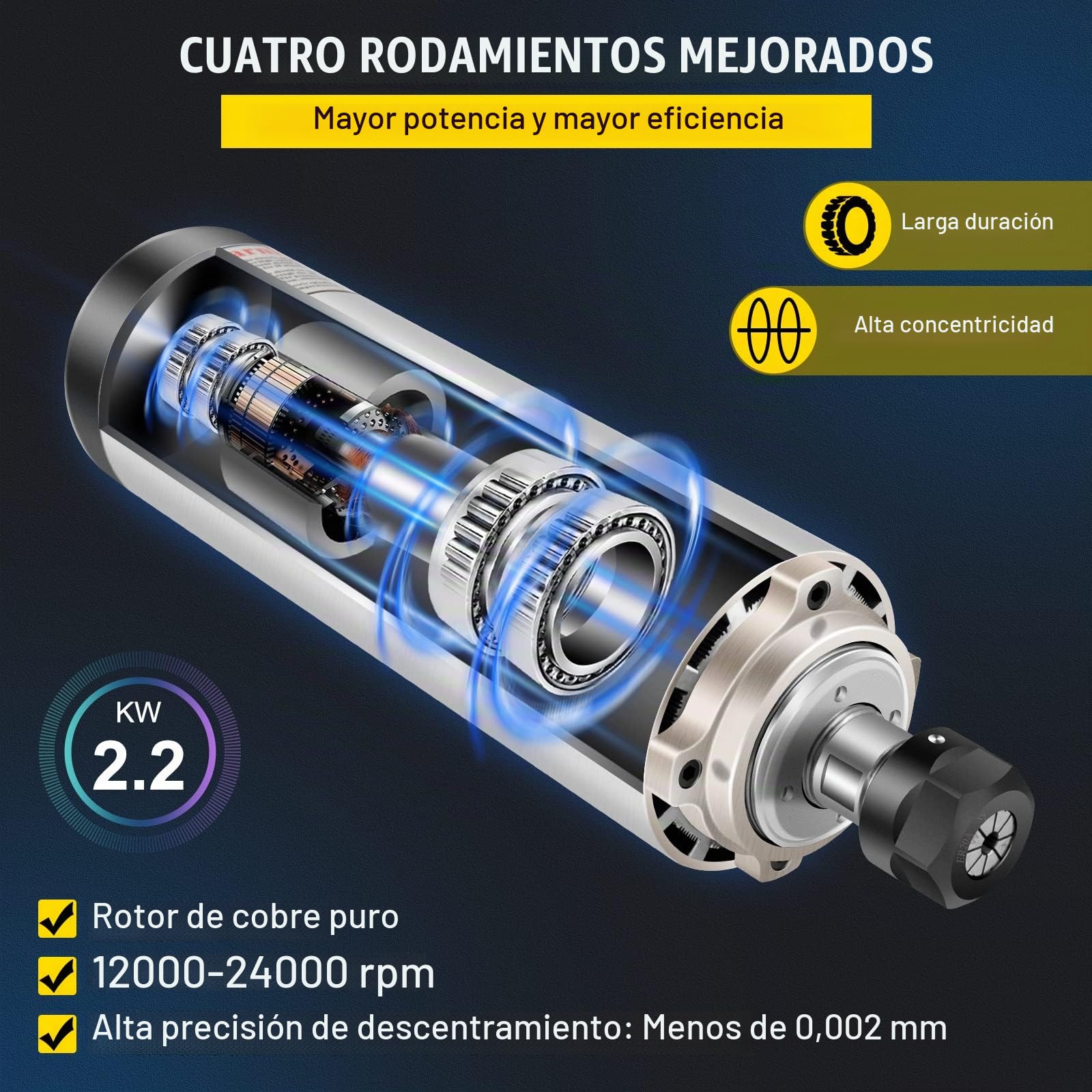 Motor Husillo VEVOR 2.2 KW 220V, Alta Velocidad 24,000 RPM, Refrigerado por Aire, Cono ER20, Frecuencia 400 Hz, Ideal para Fresado y Grabado