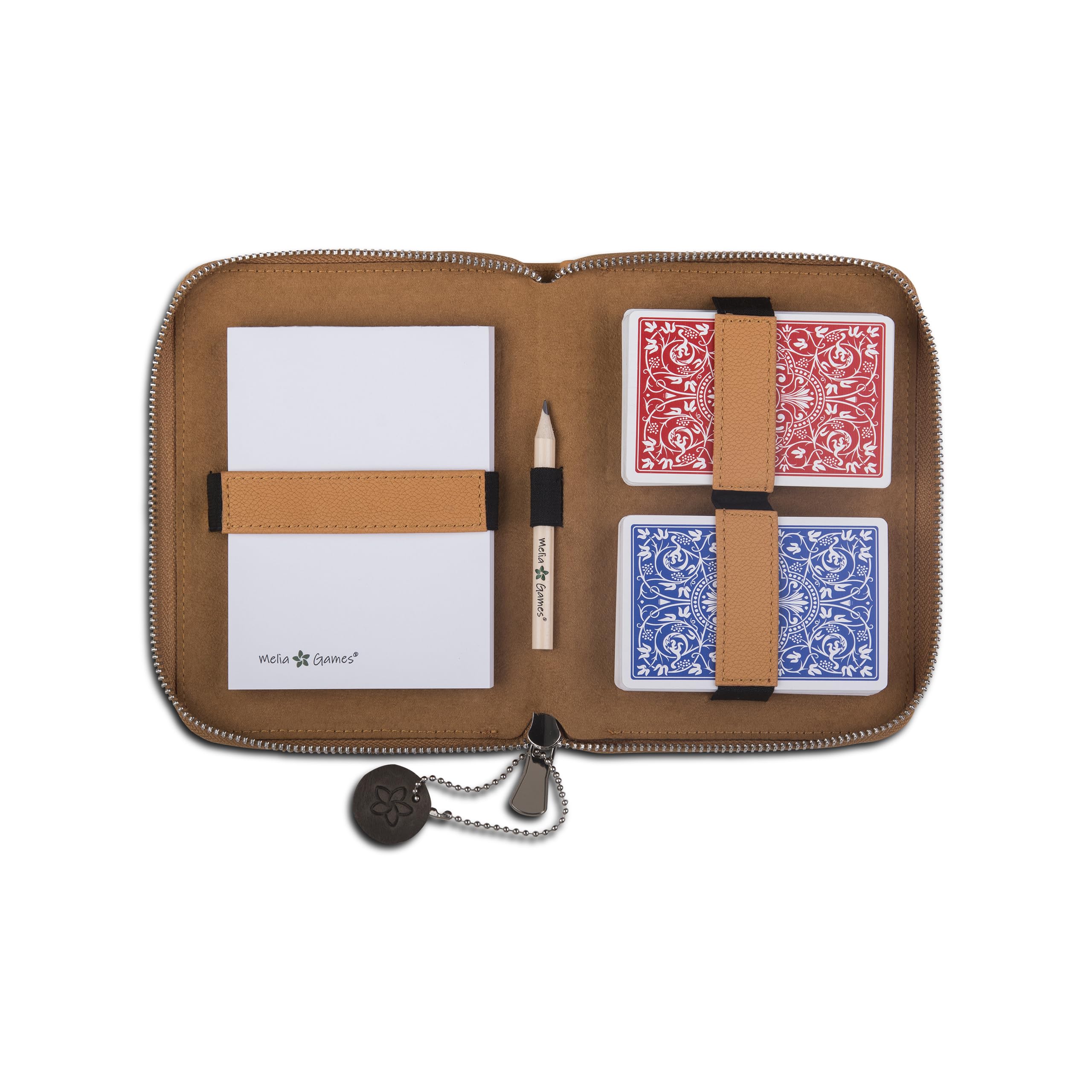 Spielkarten Set Deluxe - Premium Karten-Etui aus feinstem Leder - komplettes Set inklusive 2 Spielkartendecks, Notizblock und Bleistift (Designer Edition - Mustard)