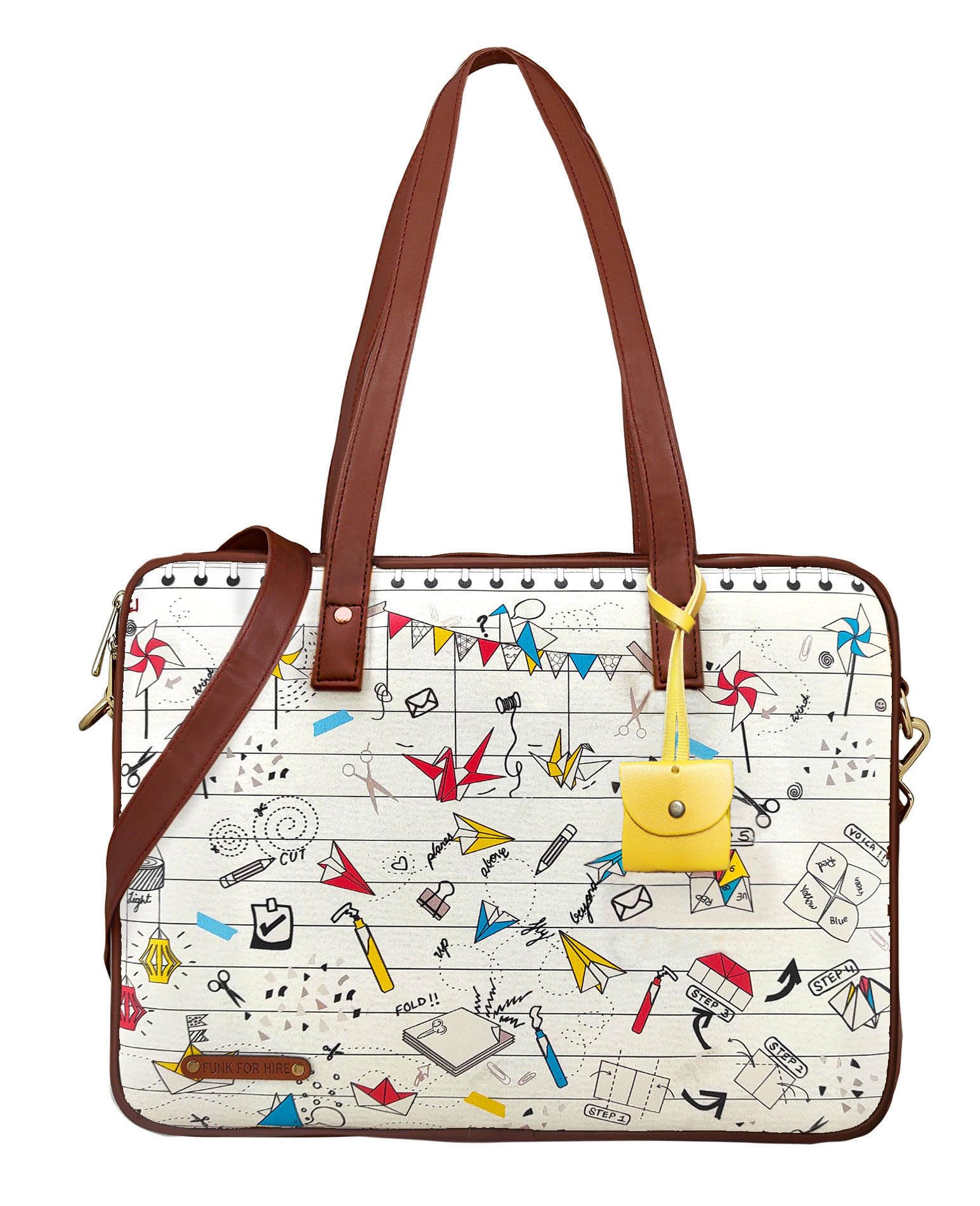 Funk For Hire Women Printed White and Brown 15.6 inch Laptop Handbag Sling Bag