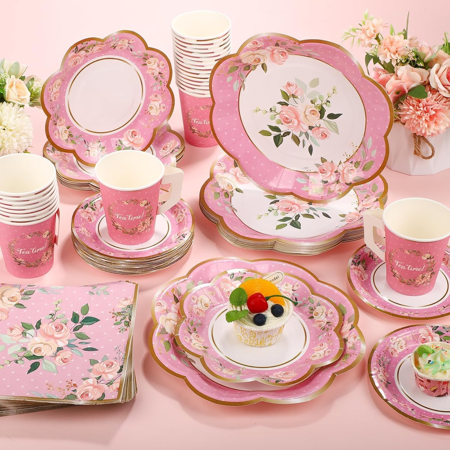 TWOWYHI 136Pcs Floral Tea Party Supplies for 25 Floral Tea Cups with Handle 9” 7” Floral Paper Plates Disposable Flower Cups and Saucers Sets for Garden Birthday Bridal Wedding,Pink