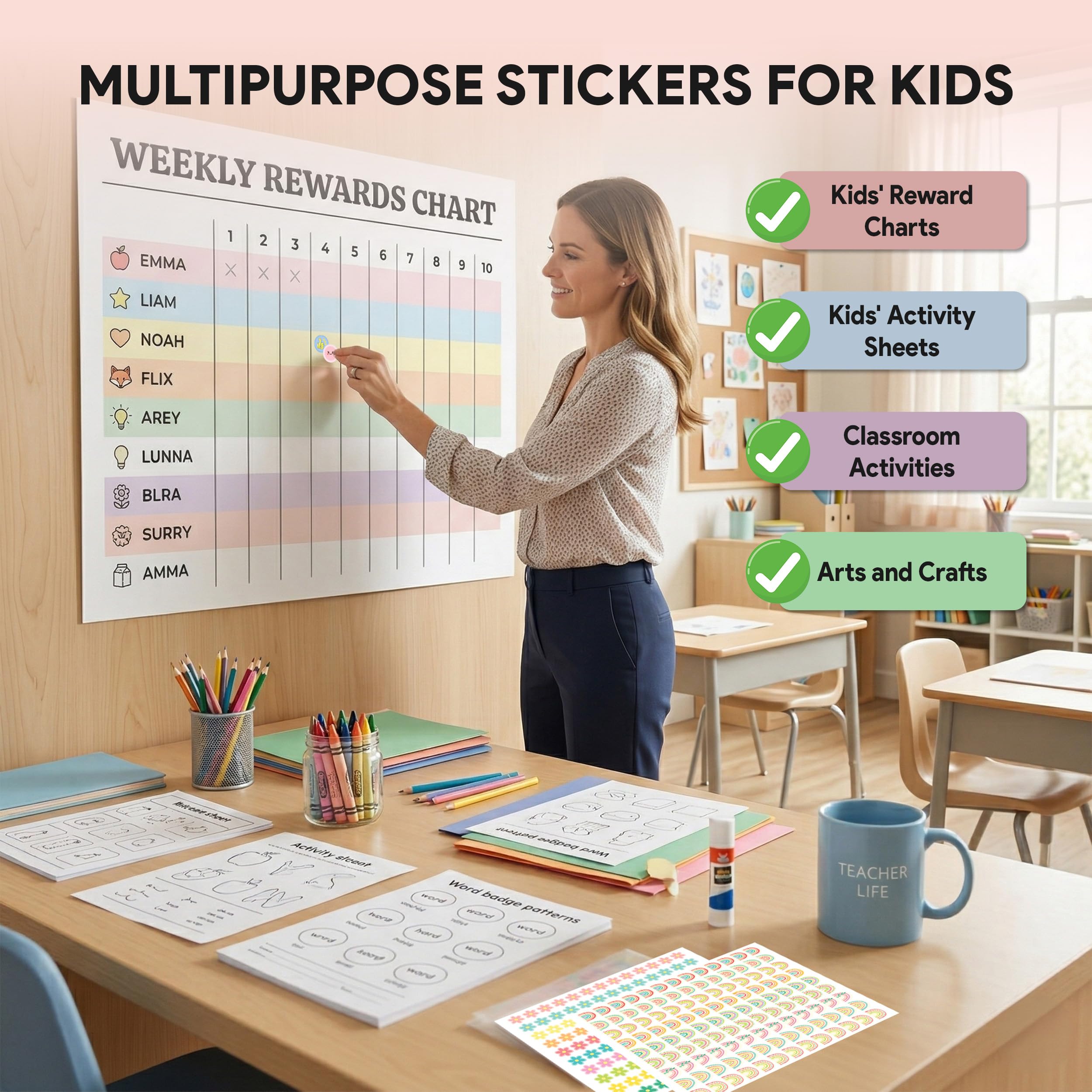 Decorably 6.492 Pastell-sortierte Belohnungsaufkleber für Kinder – 60 Aufkleberbögen, kleine Aufkleber für Kinder, Belohnungstabelle, Klassenzimmer-Aktivitäten, positive Verstärkung, Kunst und