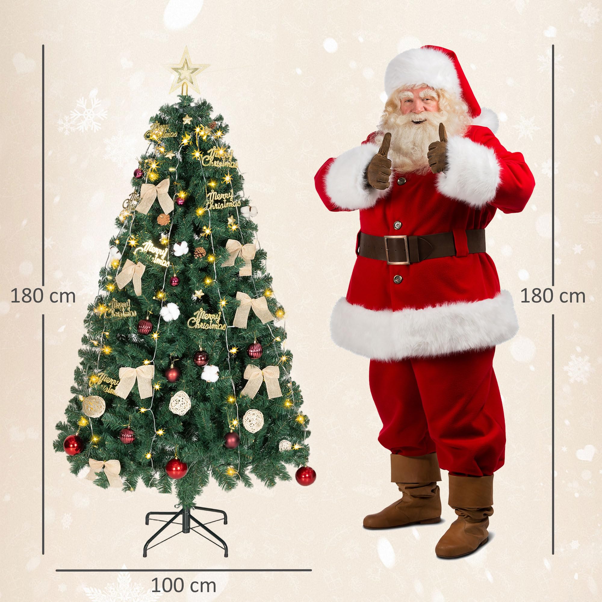 HOMCOM Árbol de Navidad Ø100x180 cm con Adornos y Estrella, 200 Luces LED, Árbol de Navidad Decorado con 8 Modos de Iluminación, 650 Ramas, Soporte de Acero, Decoración para Hogar, Fiesta, Interior
