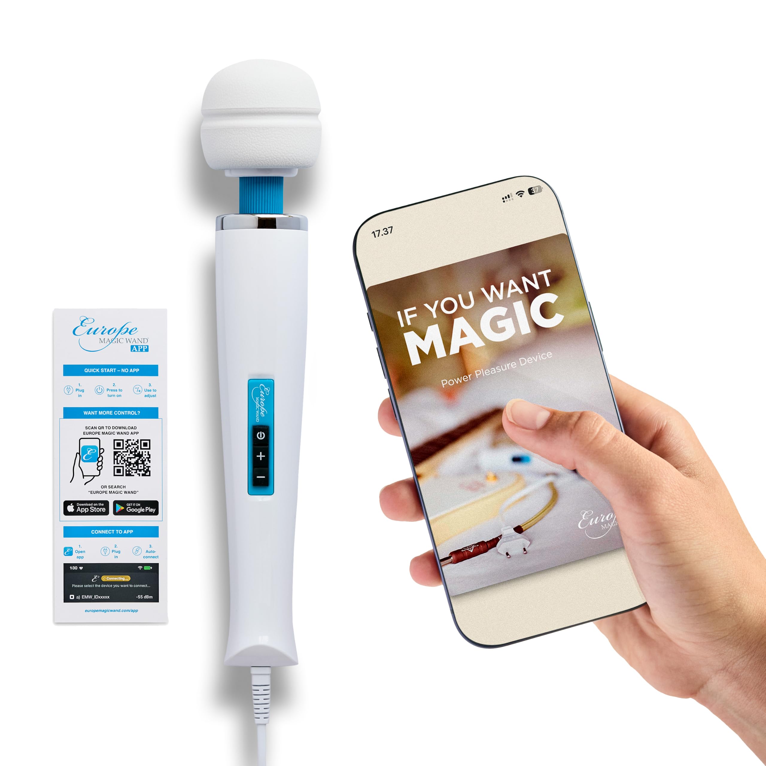 Europe Magic Wand APP vibratore wand con controllo app, cavo 2,5 m | Vibratore wand a rete collaudato dal 2012: 15 W, testa in metallo, controllo via app e cavo da 2,5 m