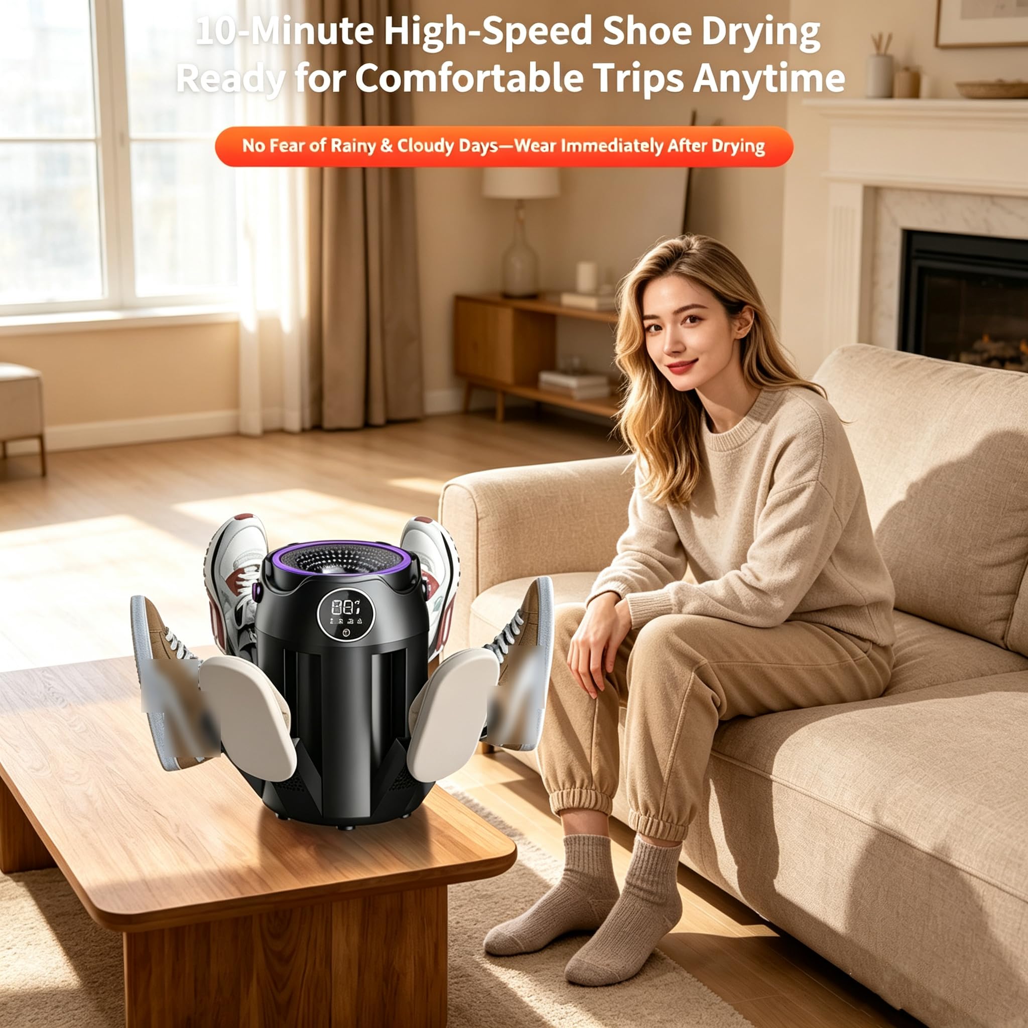 6-Arm Tragbarer Elektrischer Schuh-Trockner für Alltagsschuhe | 360° Heißluft-Schuhtrockner mit digitalen Steuerungen und 3/6/9 Stunden Timer-Funktion für Zuhause und Reisen(black)