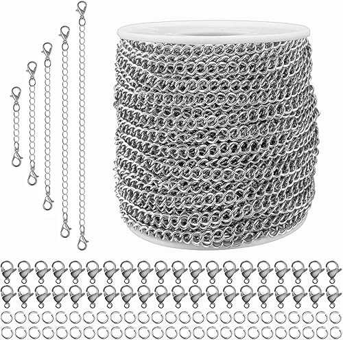 Cadena de acero inoxidable de 55 pies para hacer joyas, cadena de eslabones giratorios para pulsera, cadena de joyería con 100 anillos de salto y