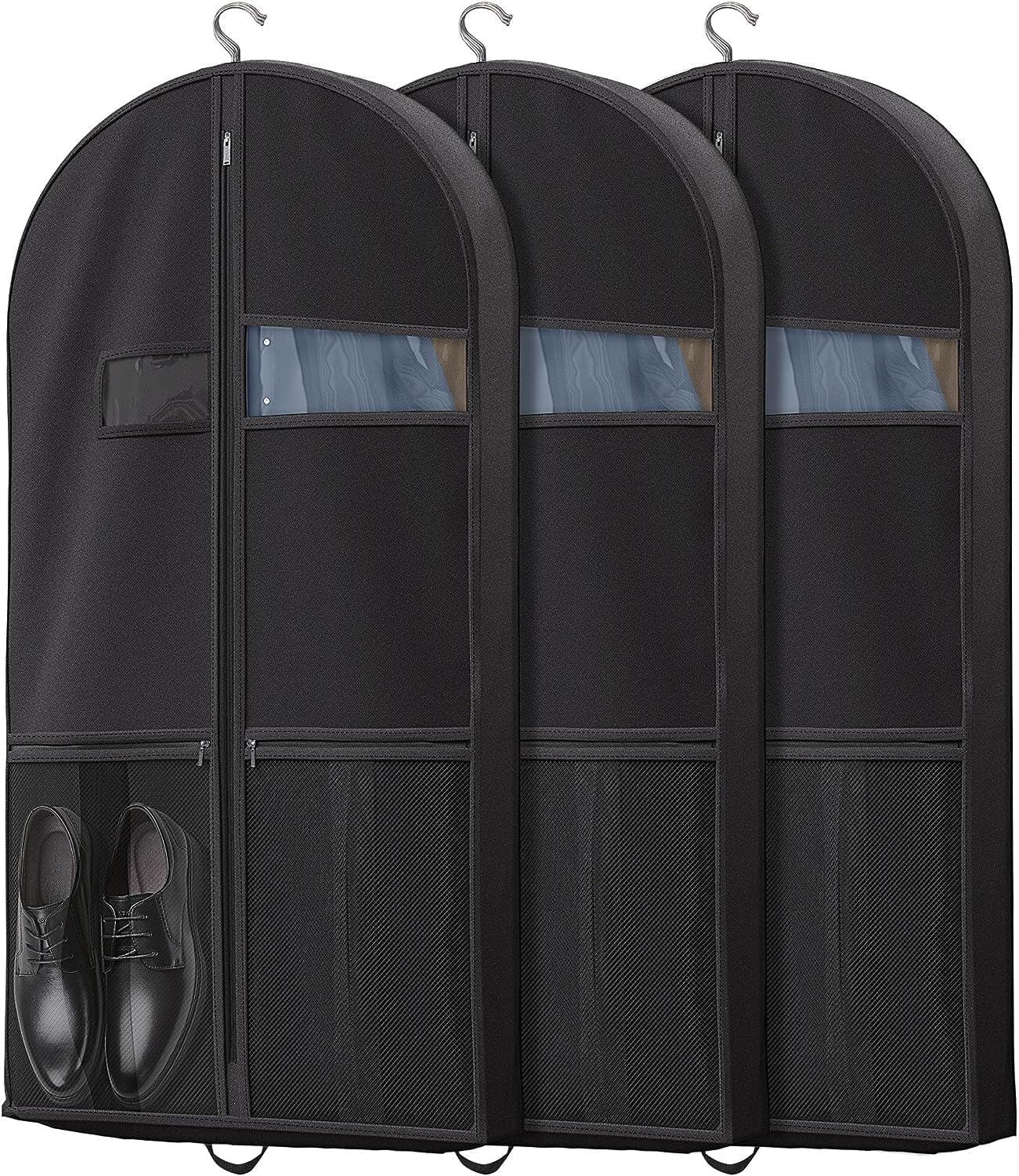 Houbobo Black-3 Pack 43" Travel Garment Bag With Accessories Zipper Pocket, Heavy Duty Foldable Suit Bag, Dust-Proof Clothes Covers For Suits, Tuxedos, Dresses, Coats, Home & Travel Essential