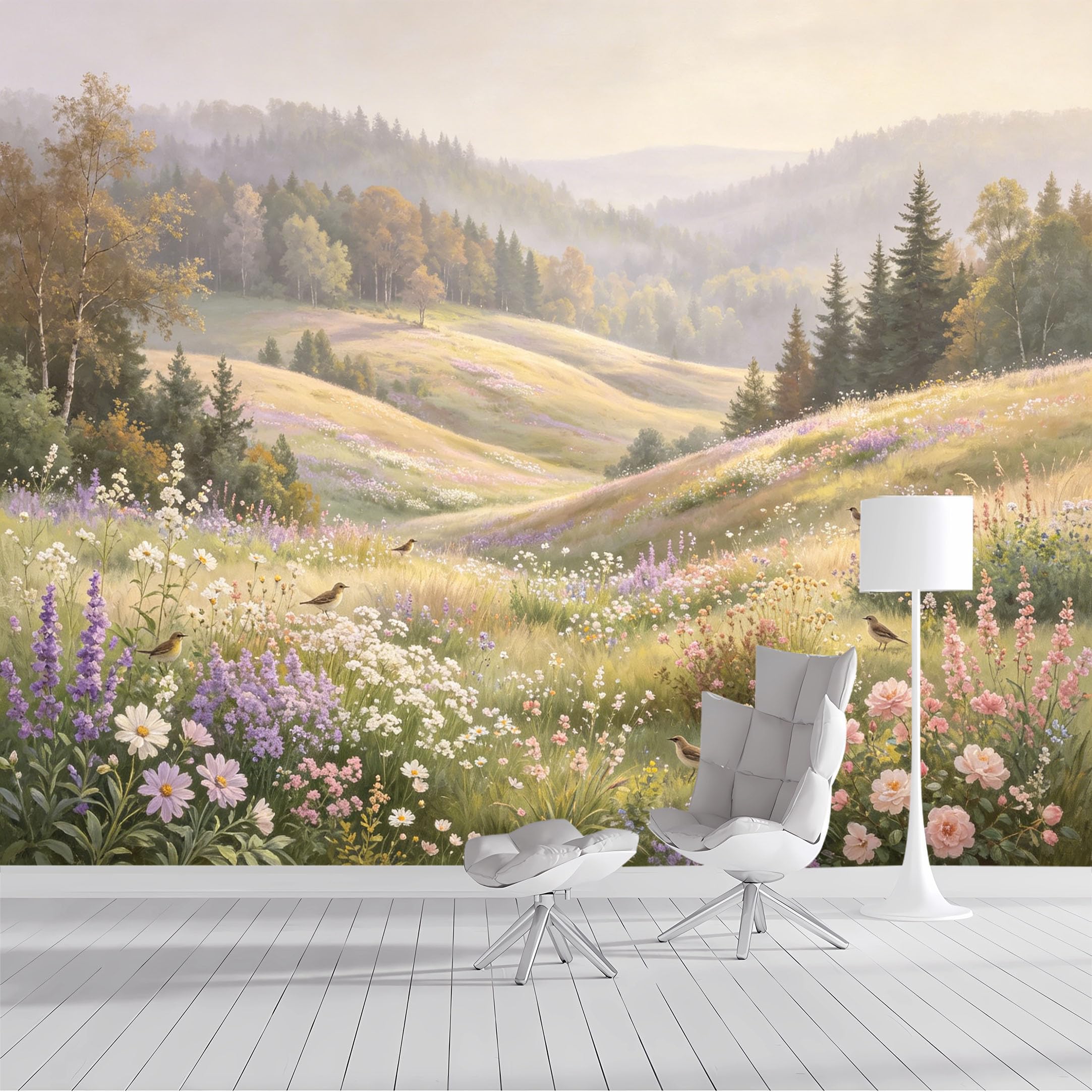 Custom Size Wall Mural Pastoral Meadow Wildflowers Birds Oil Painting SelfAdhesive Wall Fabric Removable Peel and Stick Wallpaper Wall Decor for Living Room Bedroom Bathroom