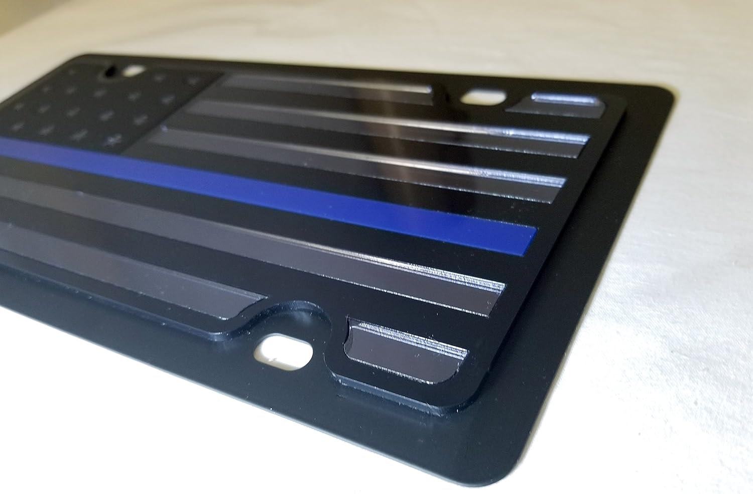 Eurosport Daytona- Compatible with- Thin Blue Line Carbon Steel License Plate- Blacked Out Monochromatic USA Flag- Police Lives Matter