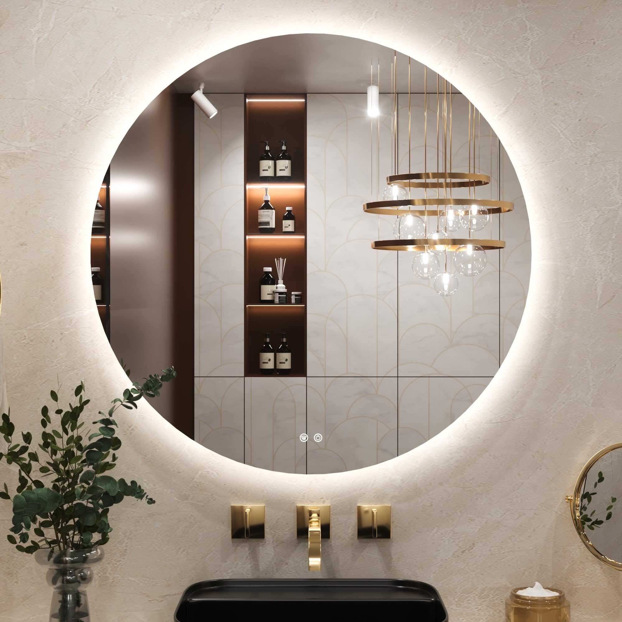 Keonjinn Badspiegel mit Beleuchtung Rund 90cm, Badezimmerspiegel mit Beschlagfrei Touch Schalter Speicherfunktion 3 Lichtfarben Dimmbarer LED Bad Spiegel Ohne Rahmen Badezimmer Wandspiegel