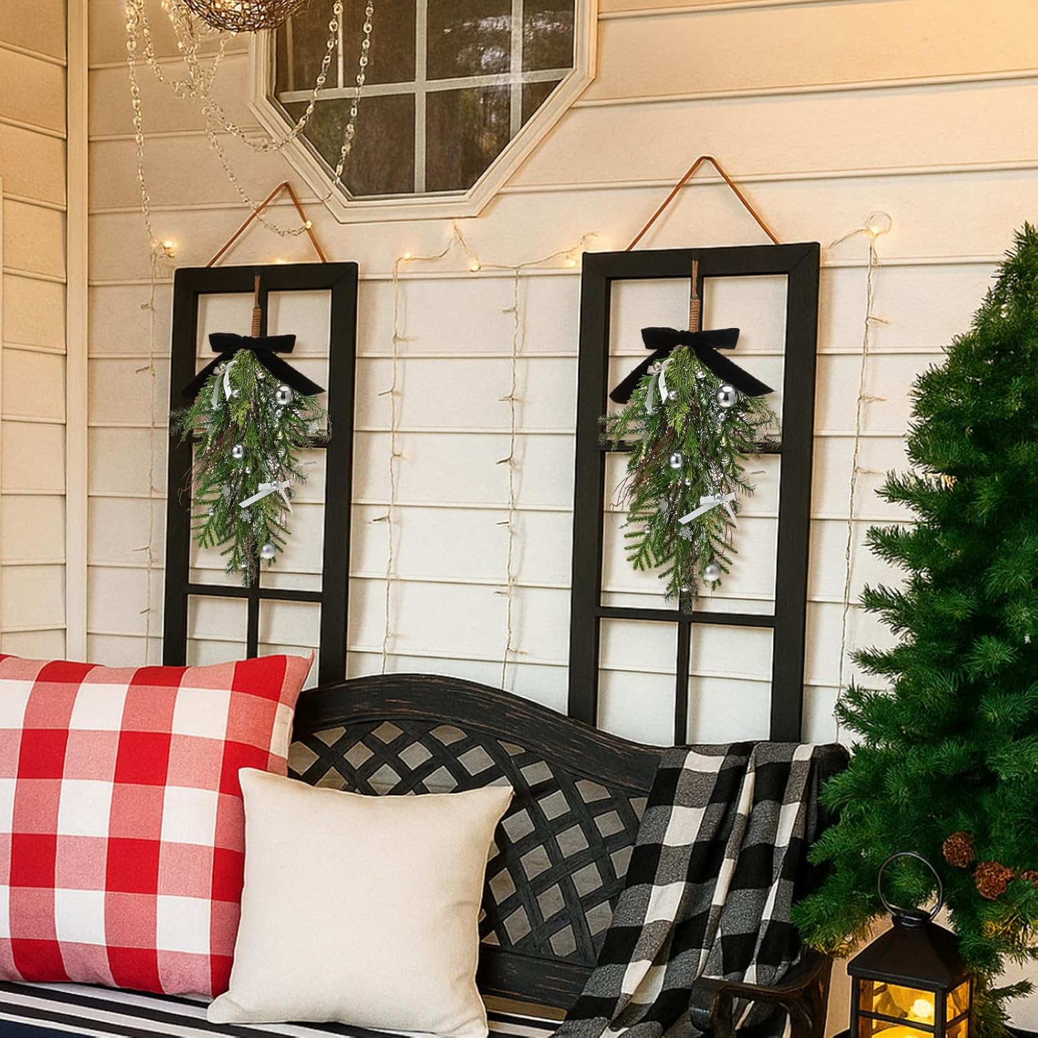 Chuangdi 2 Pcs Christmas Teardrop Swag with Black Velvet Bow and Silver Christmas Ball 19.7 Faux Cypress Needles Teardrop Wreath Rustic Hanging Swag for Xmas Door Mantle Fireplace Decor