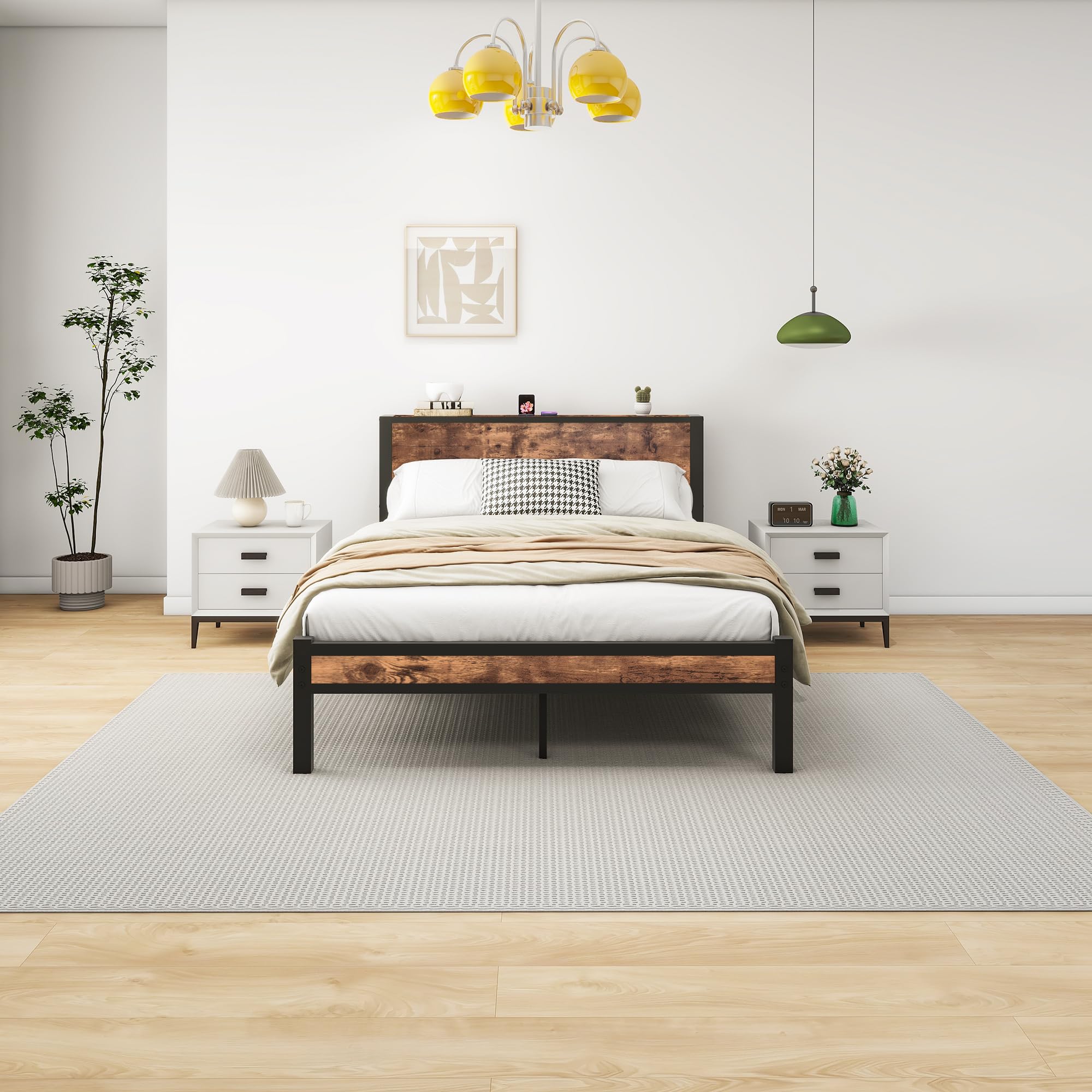 HOMERECOMMEND Rama łóżka 140 x 200, łóżko podwójne 140 x 200 cm, stelaż z metalu, łóżko dla gości do małych pomieszczeń, kolor czarny i brązowy