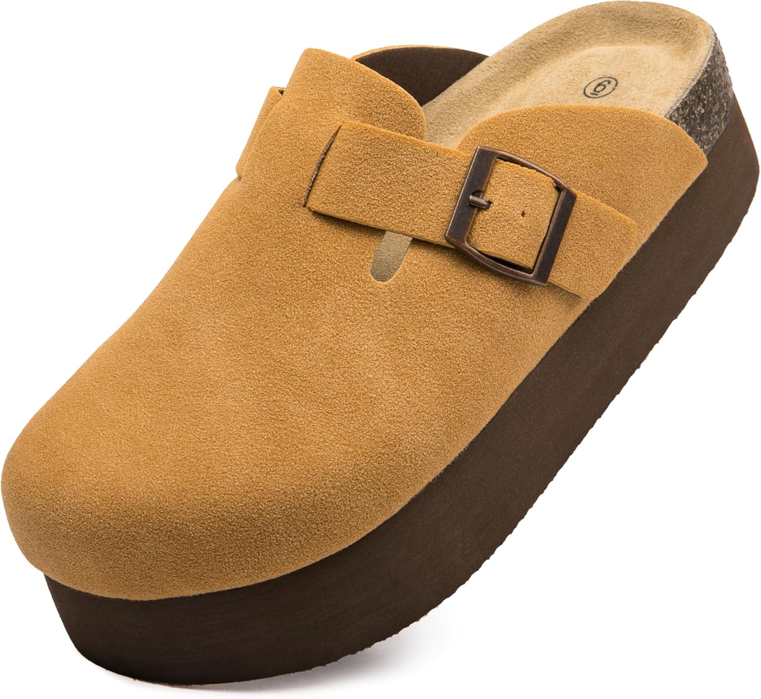 Women's Suede Clogs Cork Footbed Sandals Comfort Platform Mules with Arch Support Adjustable Buckle Slip On Slippers