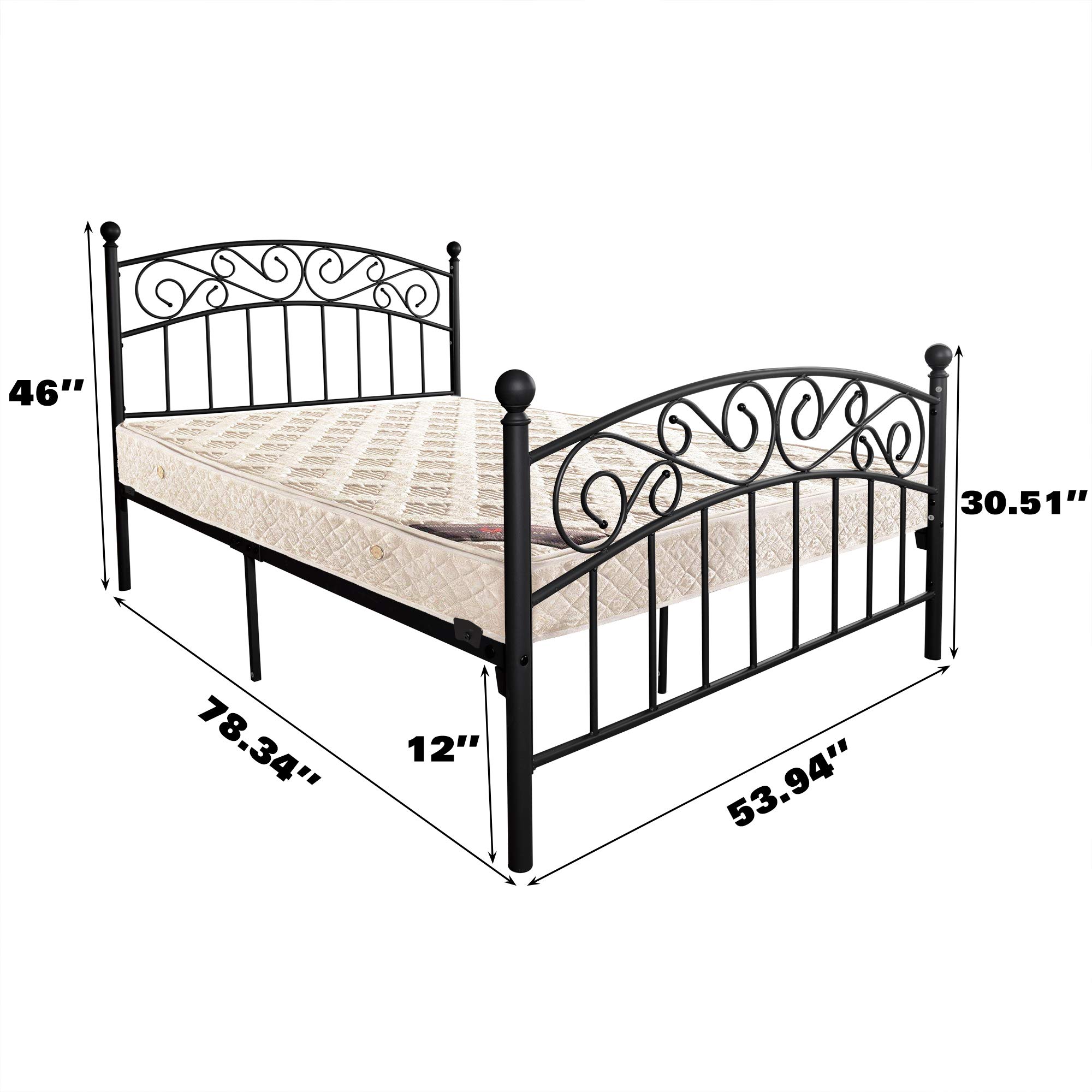 Metal Bed Frame Full Size with Vintage Headboard and Footboard Platform