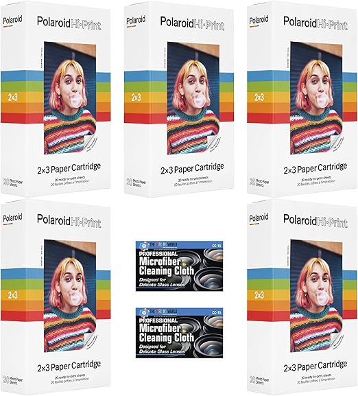 Polaroid Hi-Print 2 x 3 Paper Cartridges - 5 Pack, 100 Sheets - with Two Microfiber Cleaning Cloths
