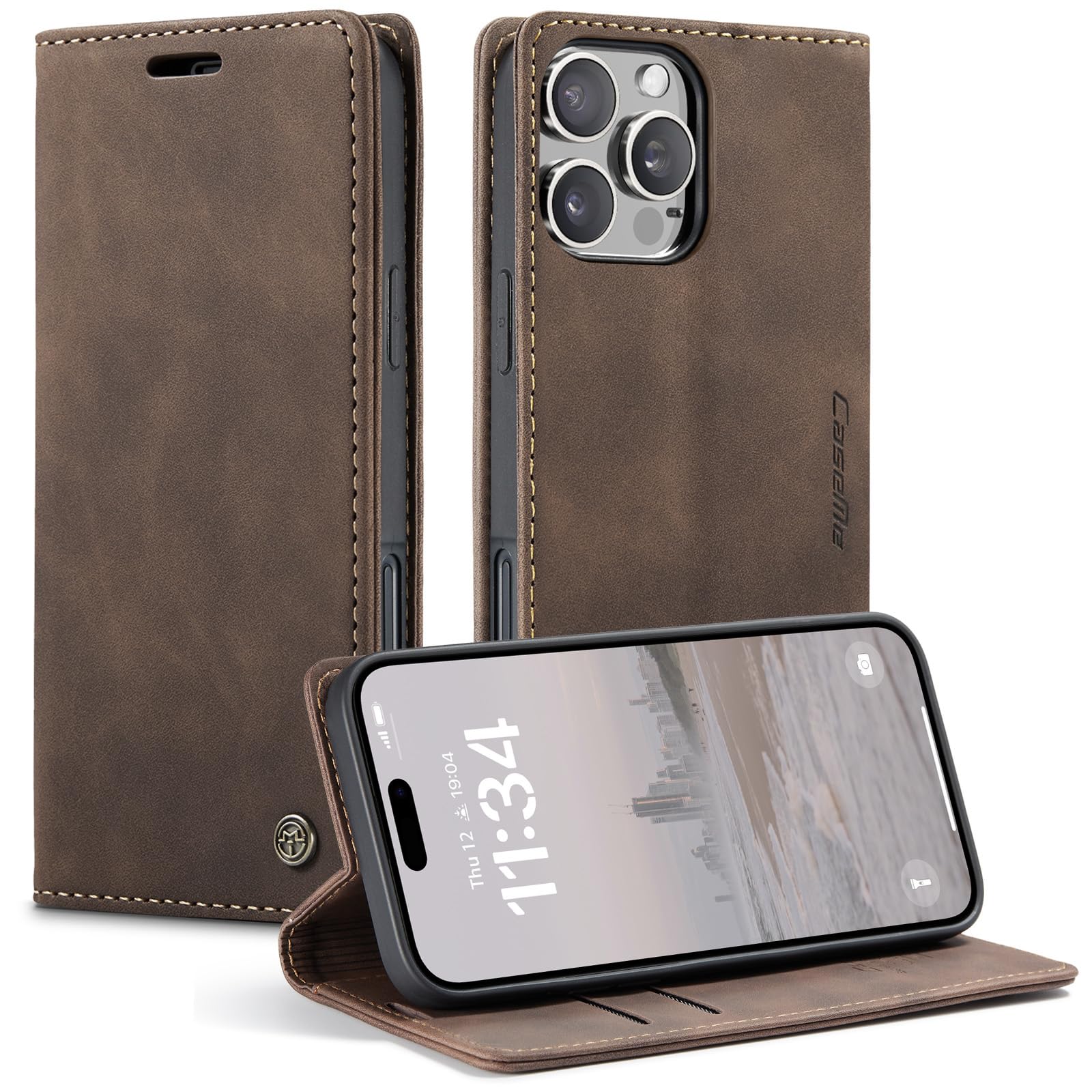 CaseMe Compatible with iPhone 16 Pro,Soft PU Leather Flip Magnetic Stand Flip Protective Cover Leather Wallet Case with ID & Credit Card Slots Holder Case for iPhone-16-Pro (Coffee)