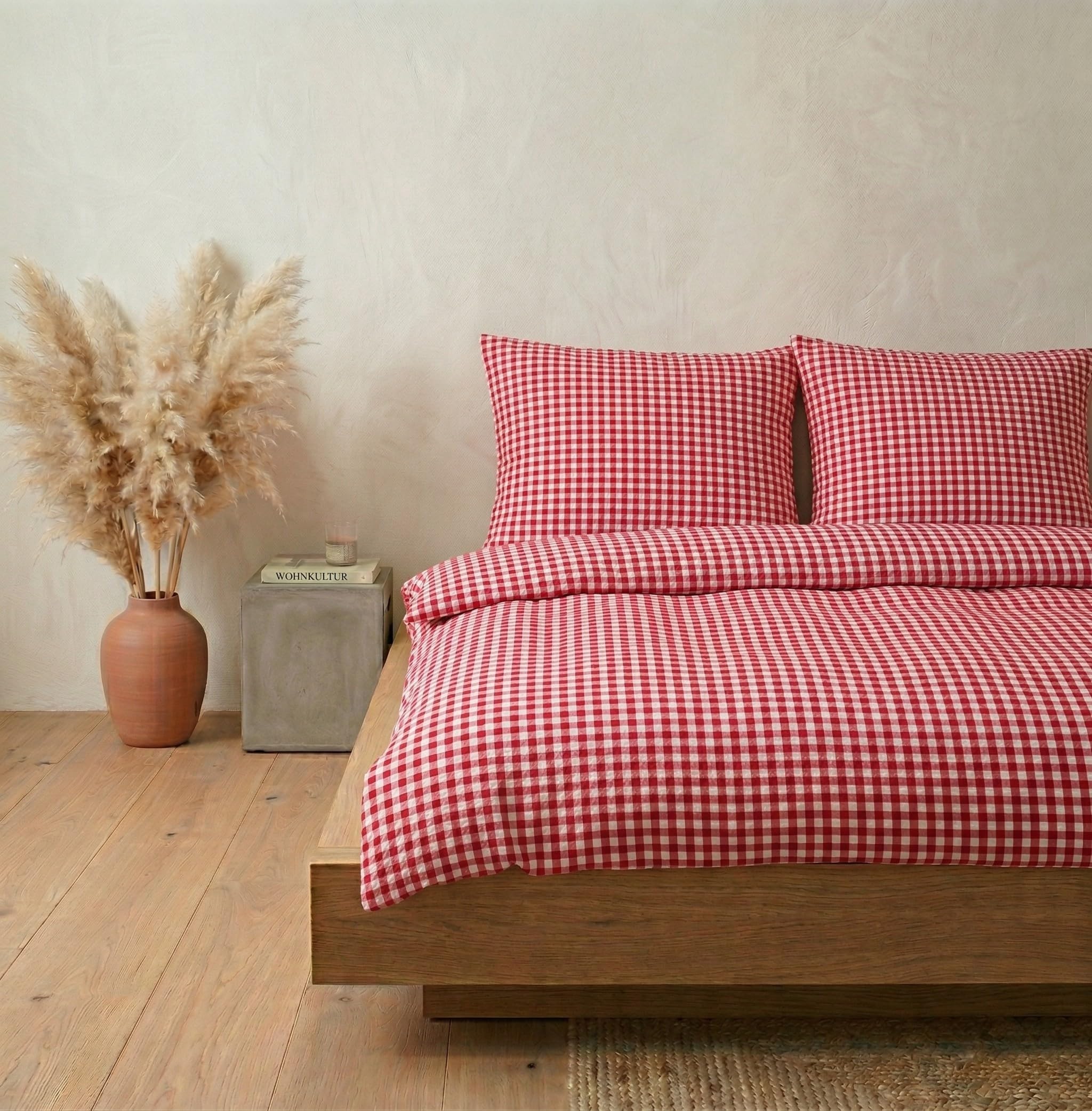Carpe Sonno Seersucker Bettwäsche 135x200 Baumwolle [Bügelfrei] | Leicht kühlende Bettwäsche Seersucker 135x200 | Sommer Bettbezug 135 x 200 mit Reißverschluss | Sommerbettwäsche kariert Rot Weiß
