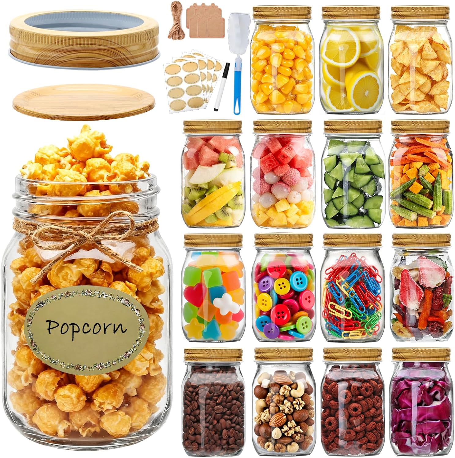 16pack Mason Jars 16oz with Airtight Woodgrain Lids and Bands, Pint Canning Jars, Clear Glass Jars for Canning, Pickling, Meal Prep, Jam, Honey, Shower/Wedding Favors, Labels & Brush & Twine Included