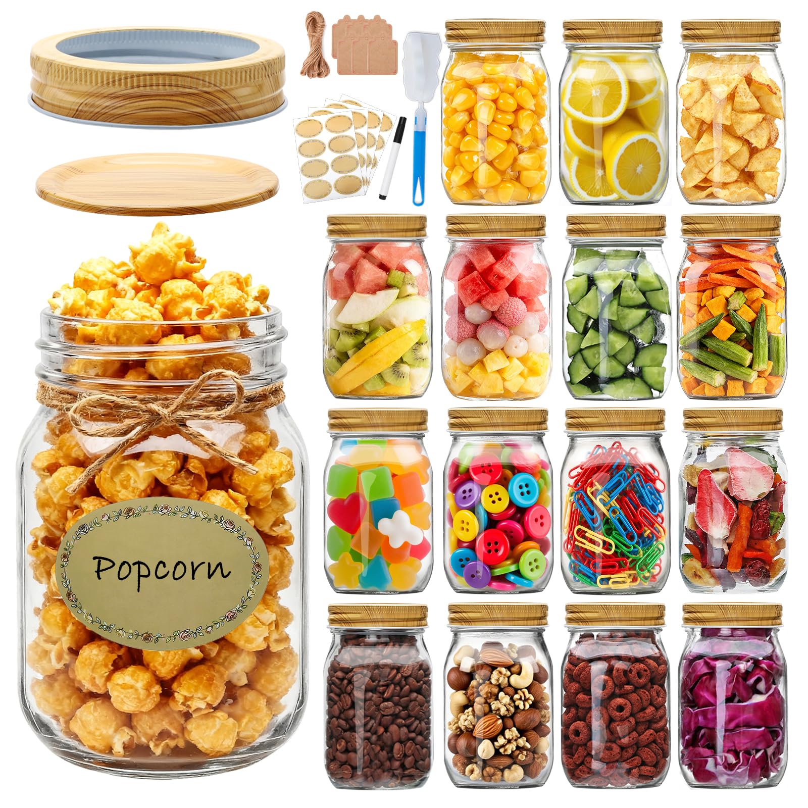 Photo 1 of Accguan 16Pack Mason Jars 16oz with Airtight Woodgrain Lids and Bands