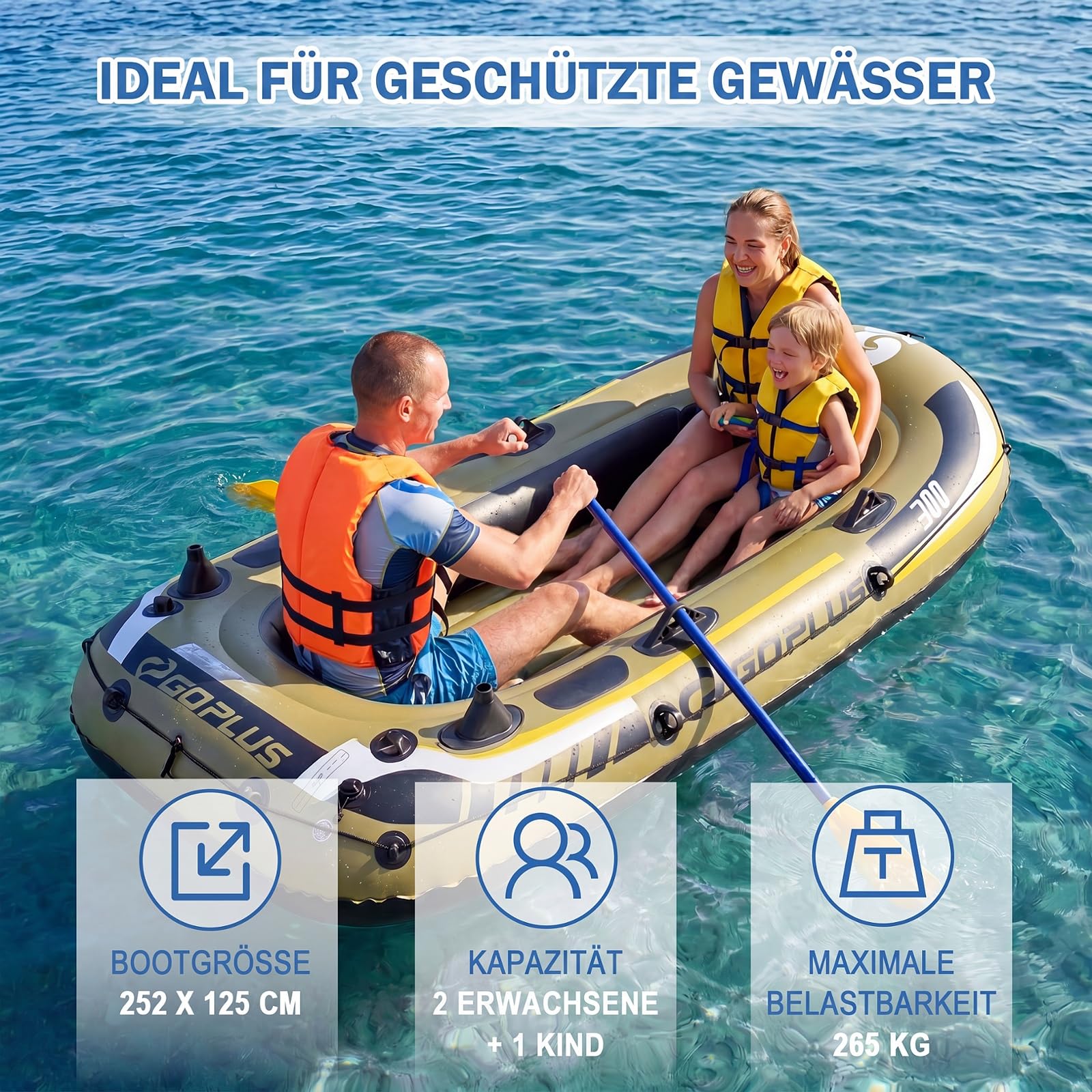 COSTWAY Schlauchboot für 2 Personen, aufblasbares Boot mit 2 Paddeln, Handpumpe, Fischmaßbändern & Angelrutenhaltern, 252 x 125 x 40 cm
